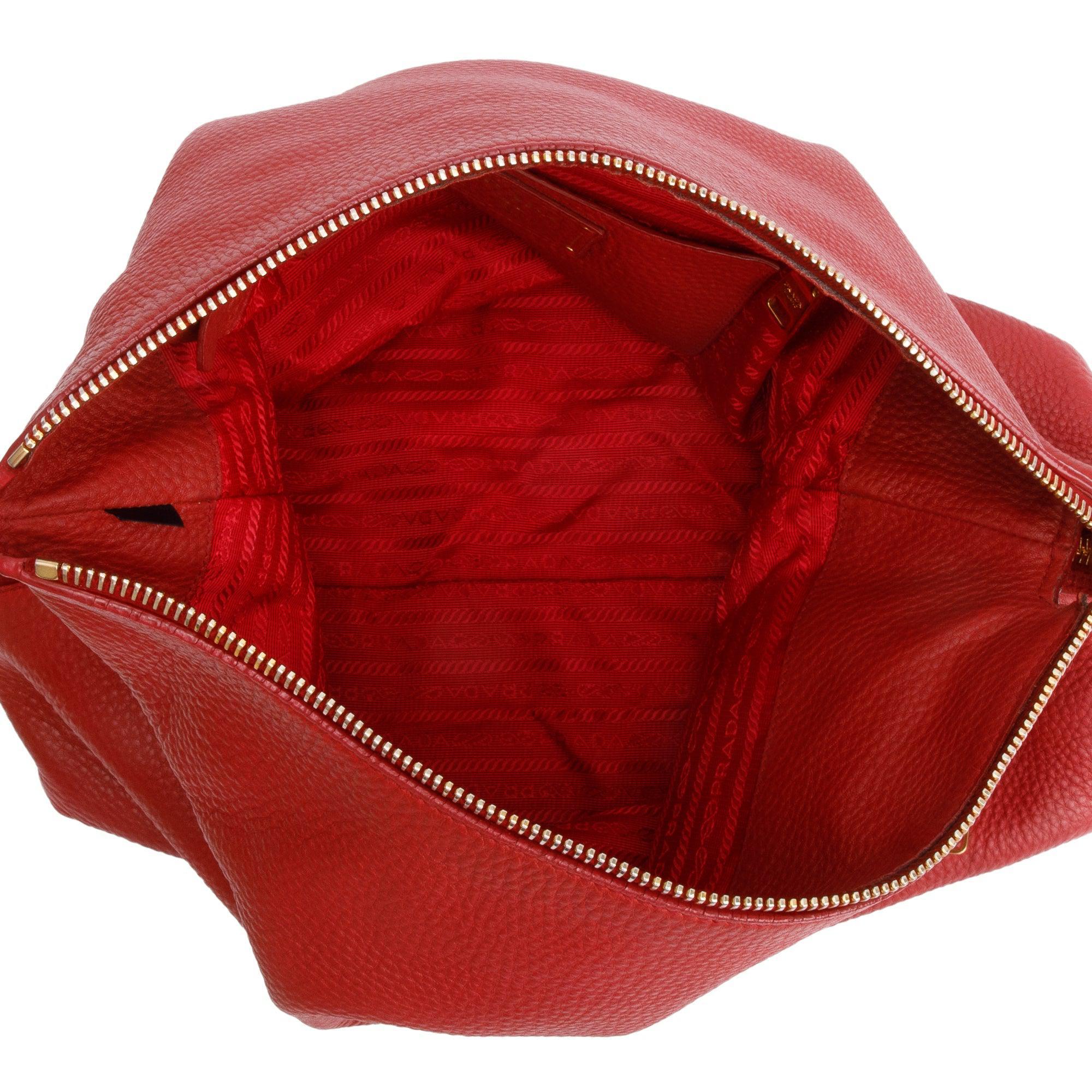 Prada Red Vitello Daino Leather Side Zip Hobo