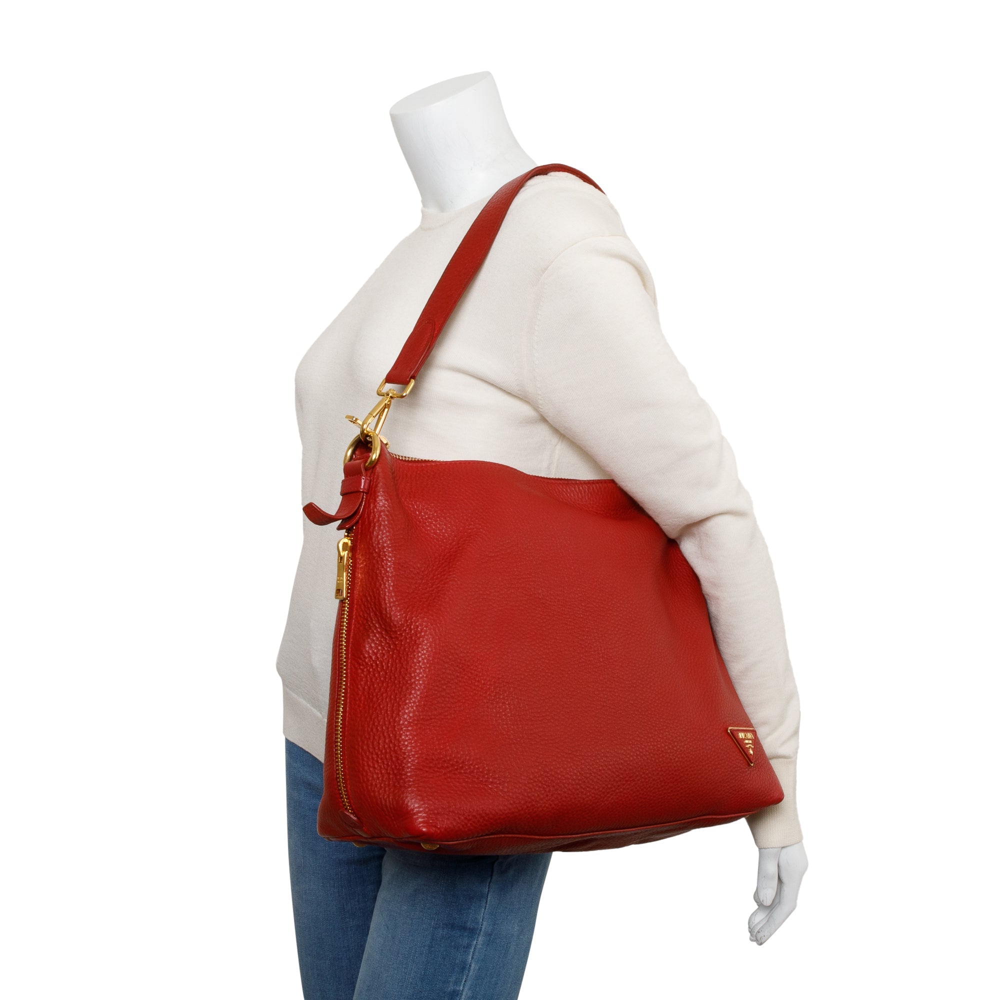 Prada Red Vitello Daino Leather Side Zip Hobo