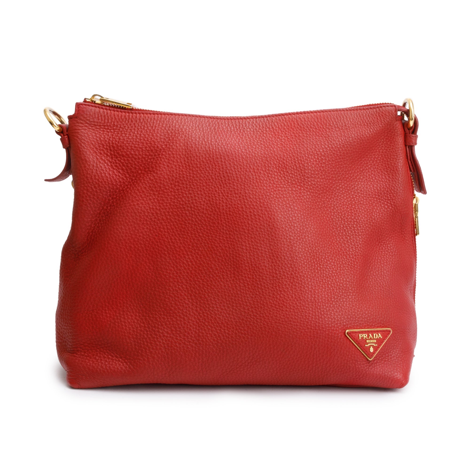 Prada Red Vitello Daino Leather Side Zip Hobo