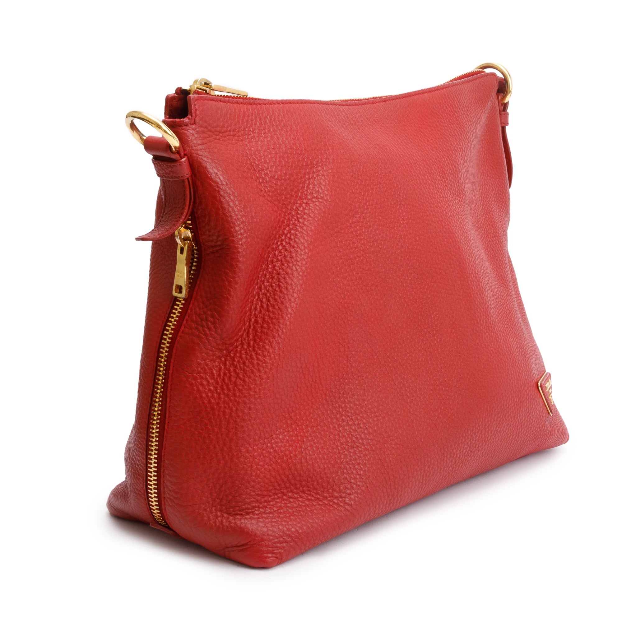 Prada Red Vitello Daino Leather Side Zip Hobo