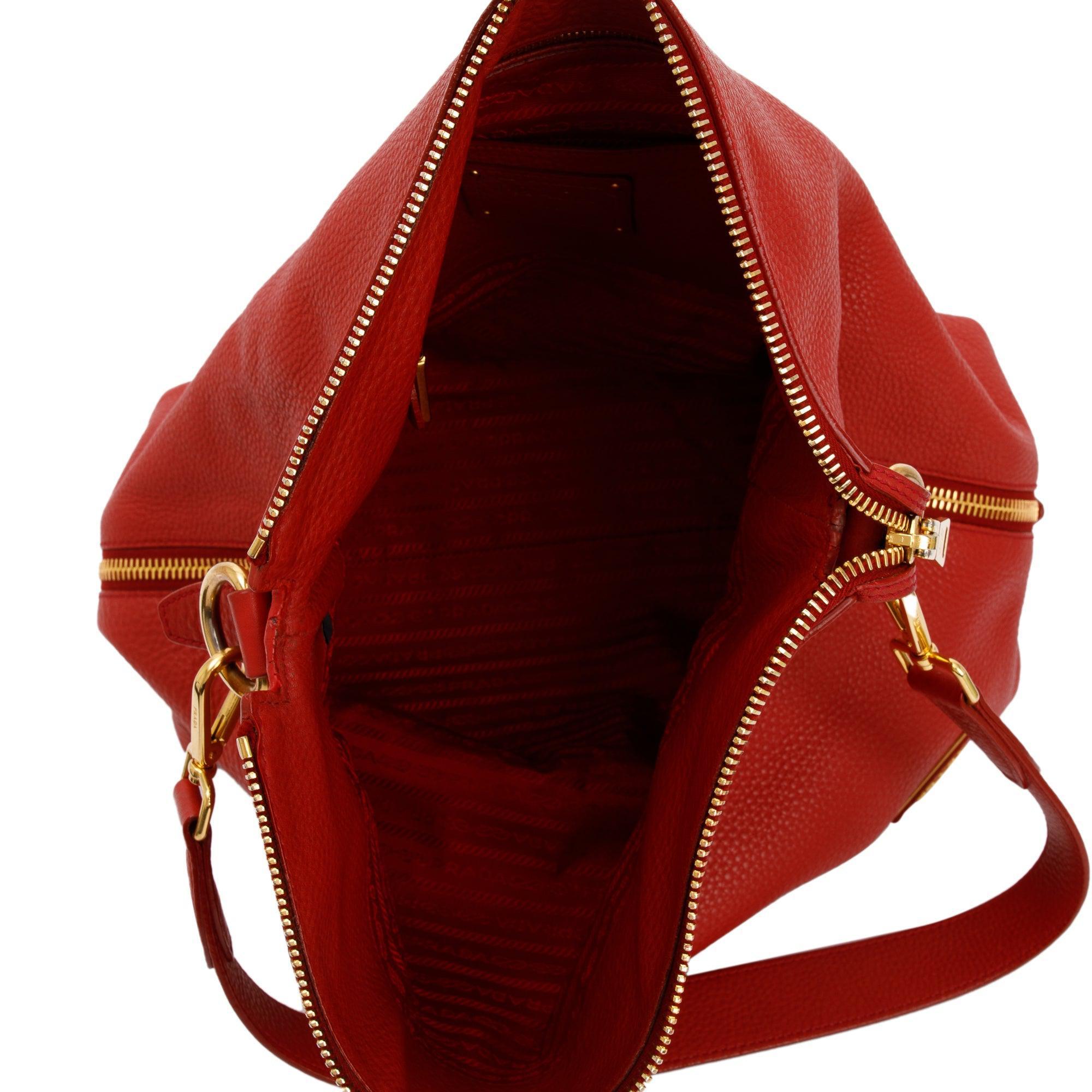 Prada Red Vitello Daino Leather Side Zip Hobo Bag