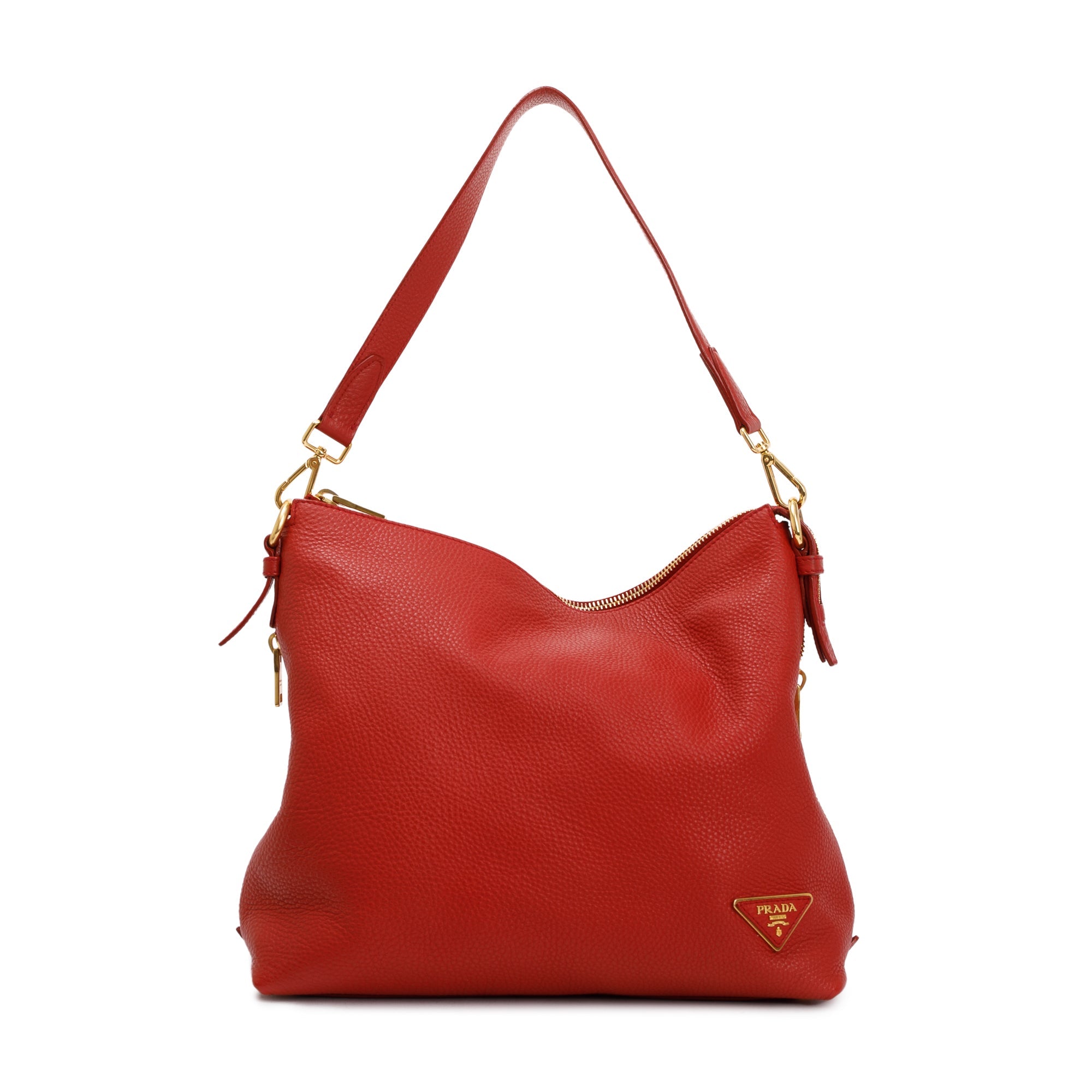 Prada Red Vitello Daino Leather Side Zip Hobo Bag