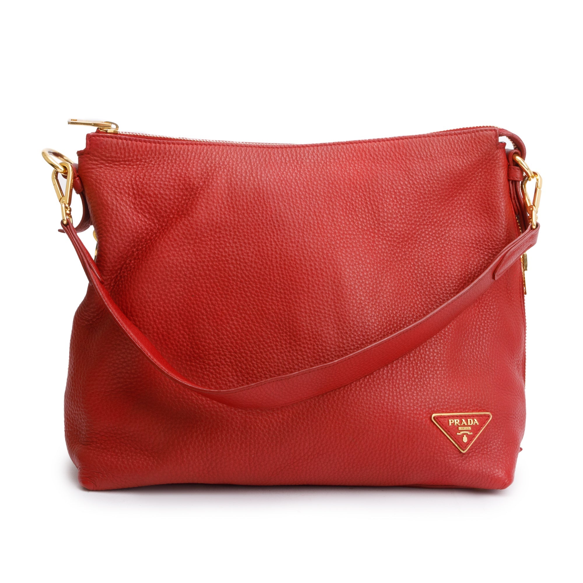 Prada Red Vitello Daino Leather Side Zip Hobo