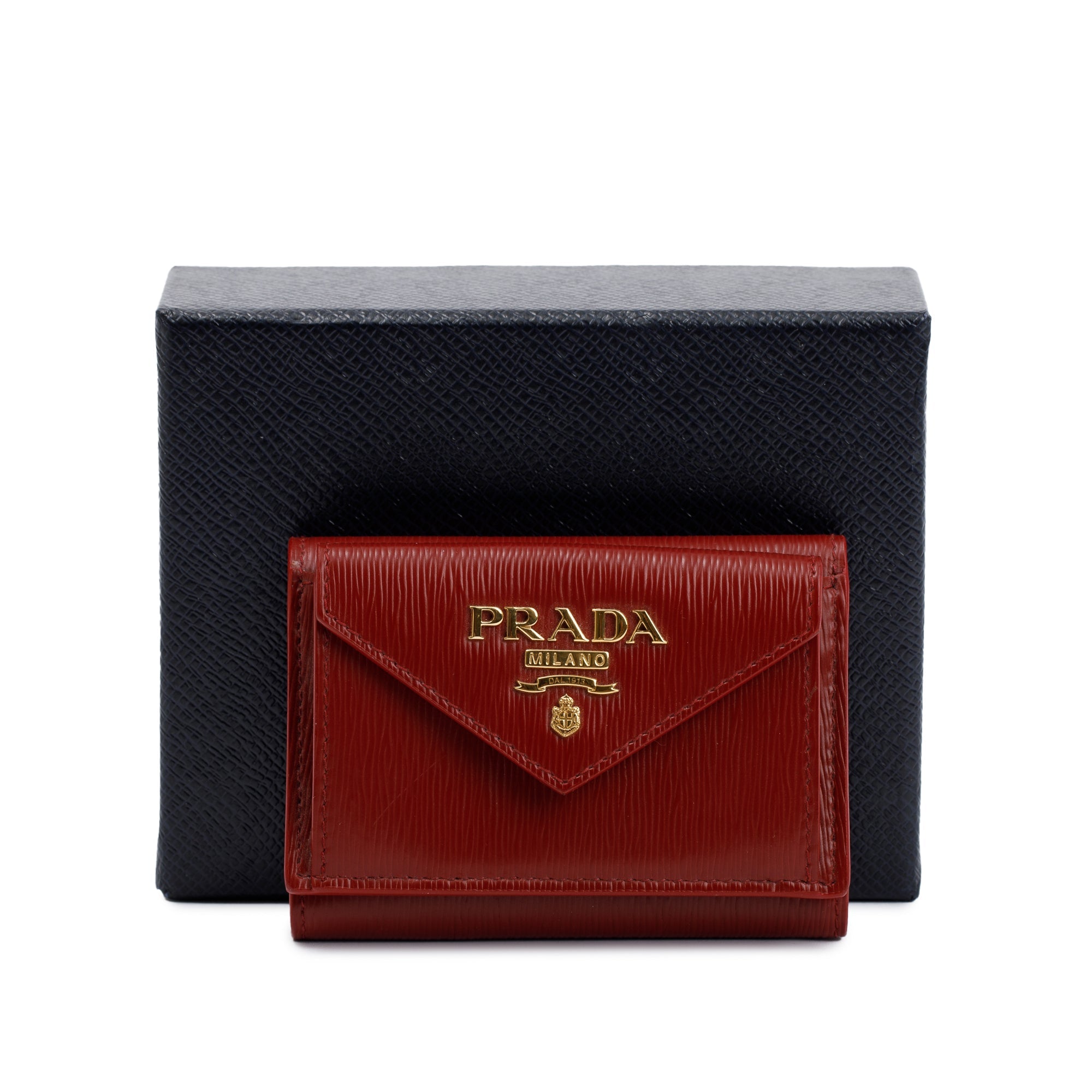 Prada Red Vitello Move Compact Tri-Fold Wallet w/ Box
