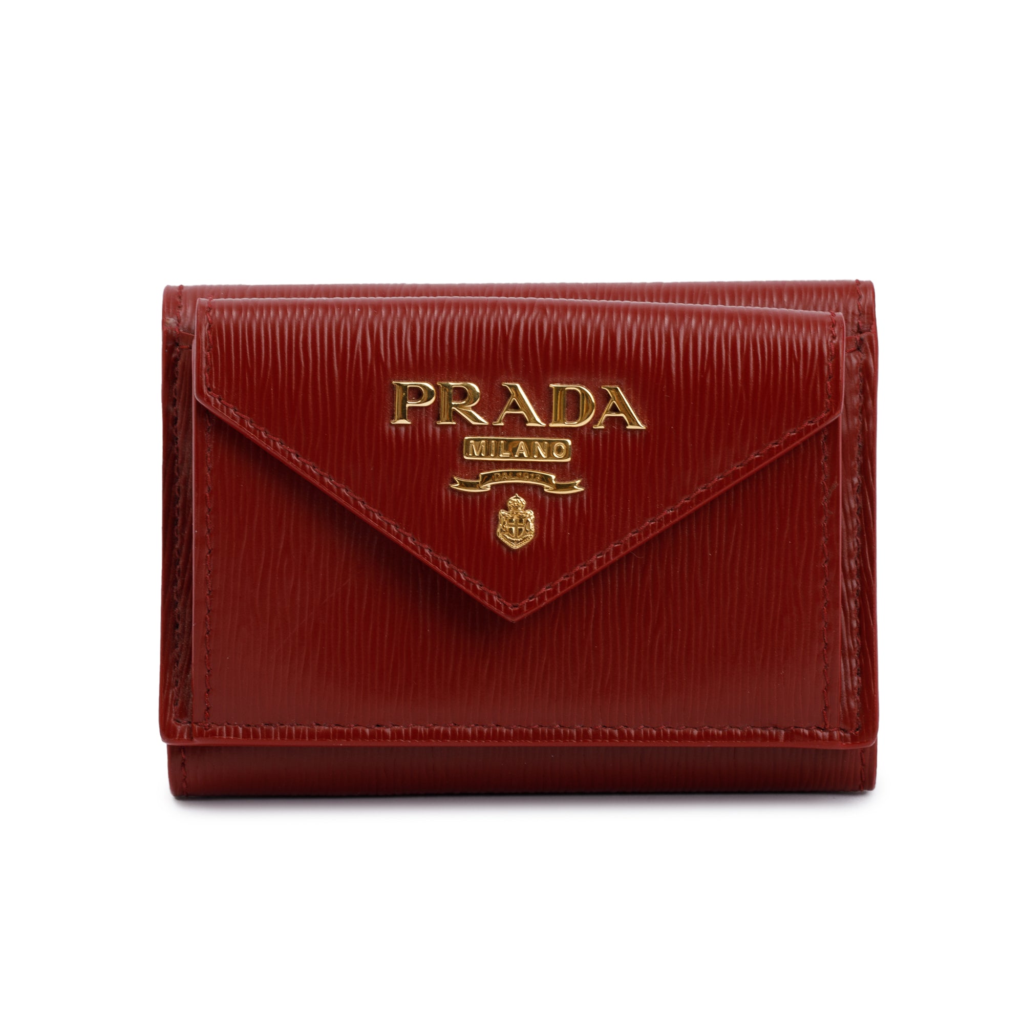 Prada Red Vitello Move Compact Tri-Fold Wallet w/ Box