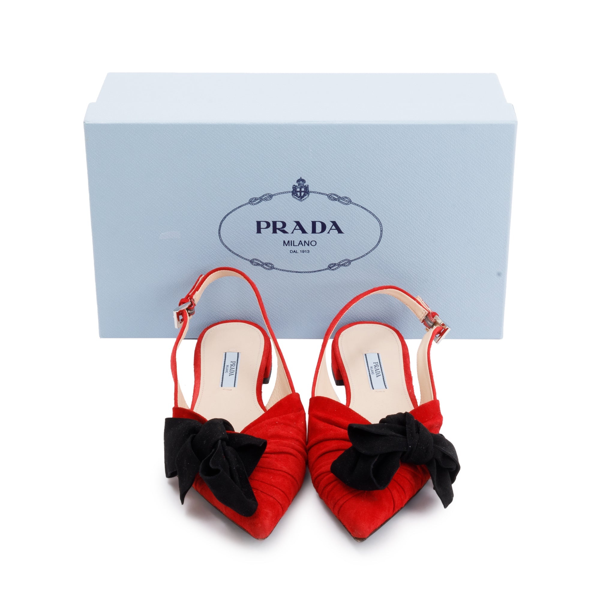 Prada Red/Black Suede Bow Flat Sandals, Size 6.5 w/ Box