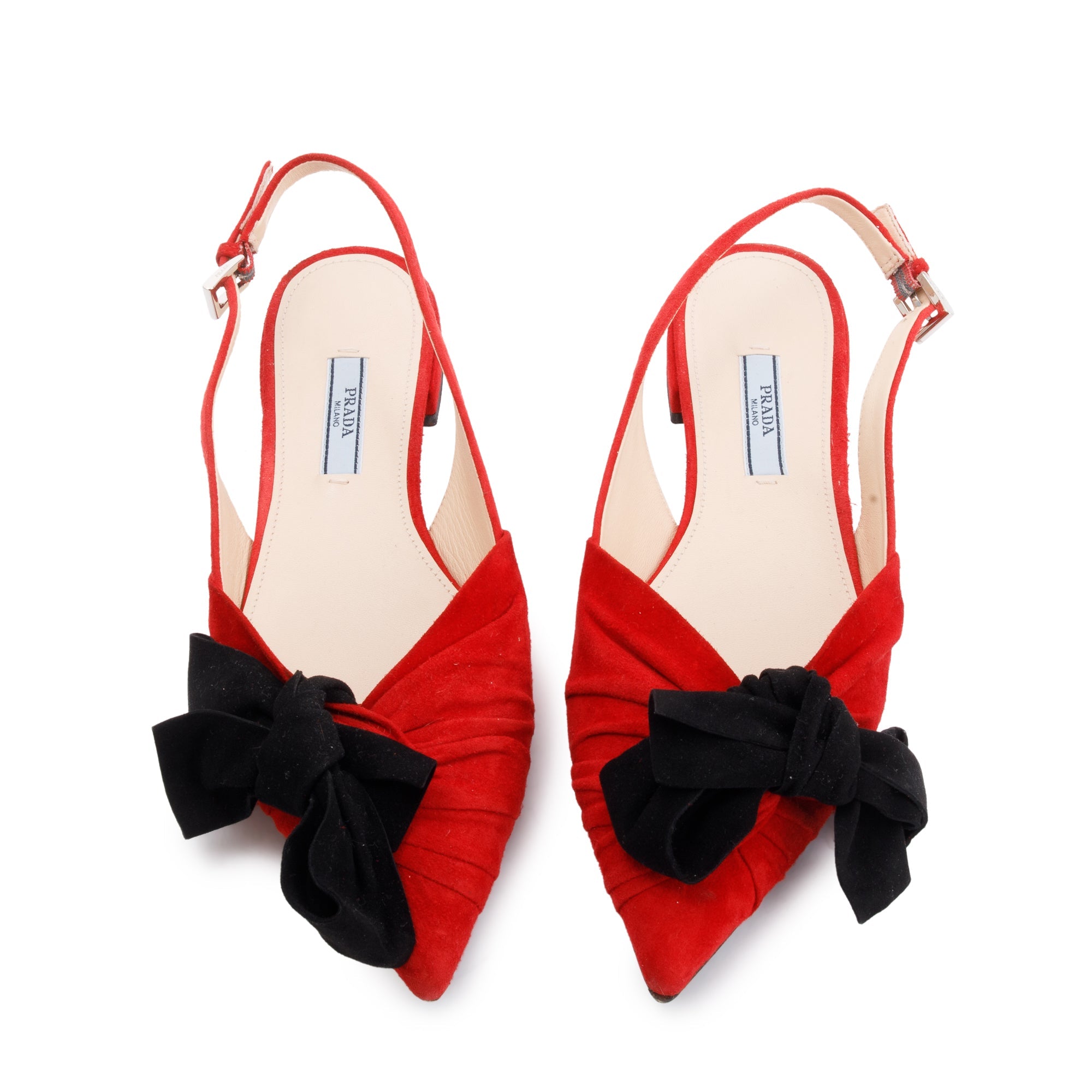 Prada Red/Black Suede Bow Flat Sandals, Size 6.5 w/ Box