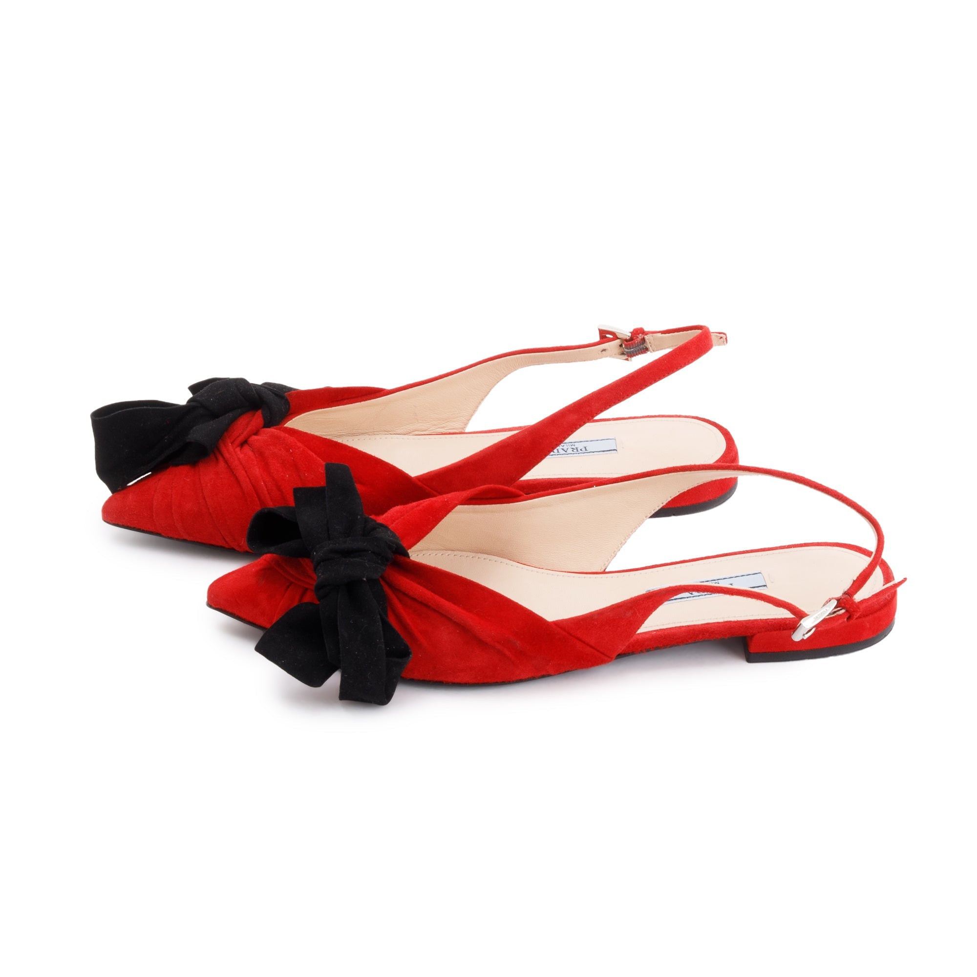 Prada Red/Black Suede Bow Flat Sandals, Size 6.5 w/ Box