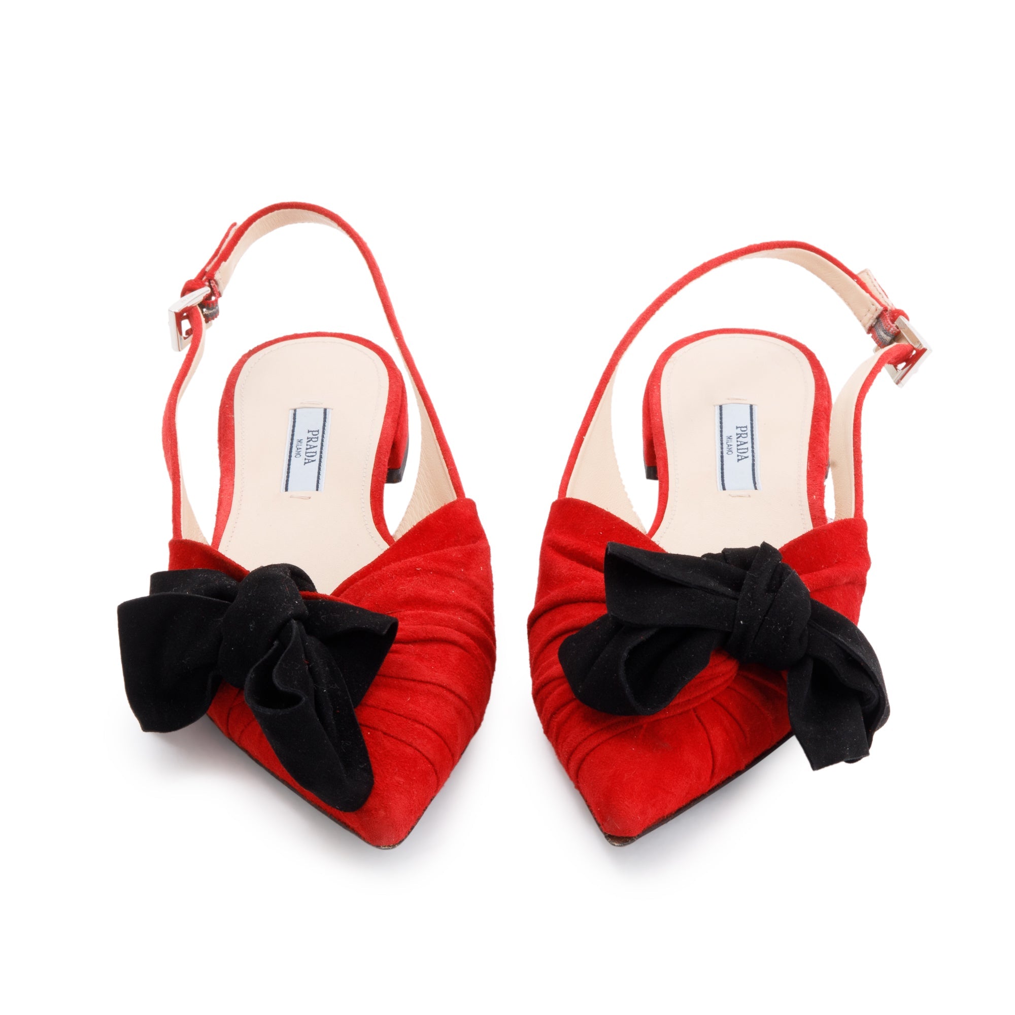 Prada Red/Black Suede Bow Flat Sandals, Size 6.5 w/ Box
