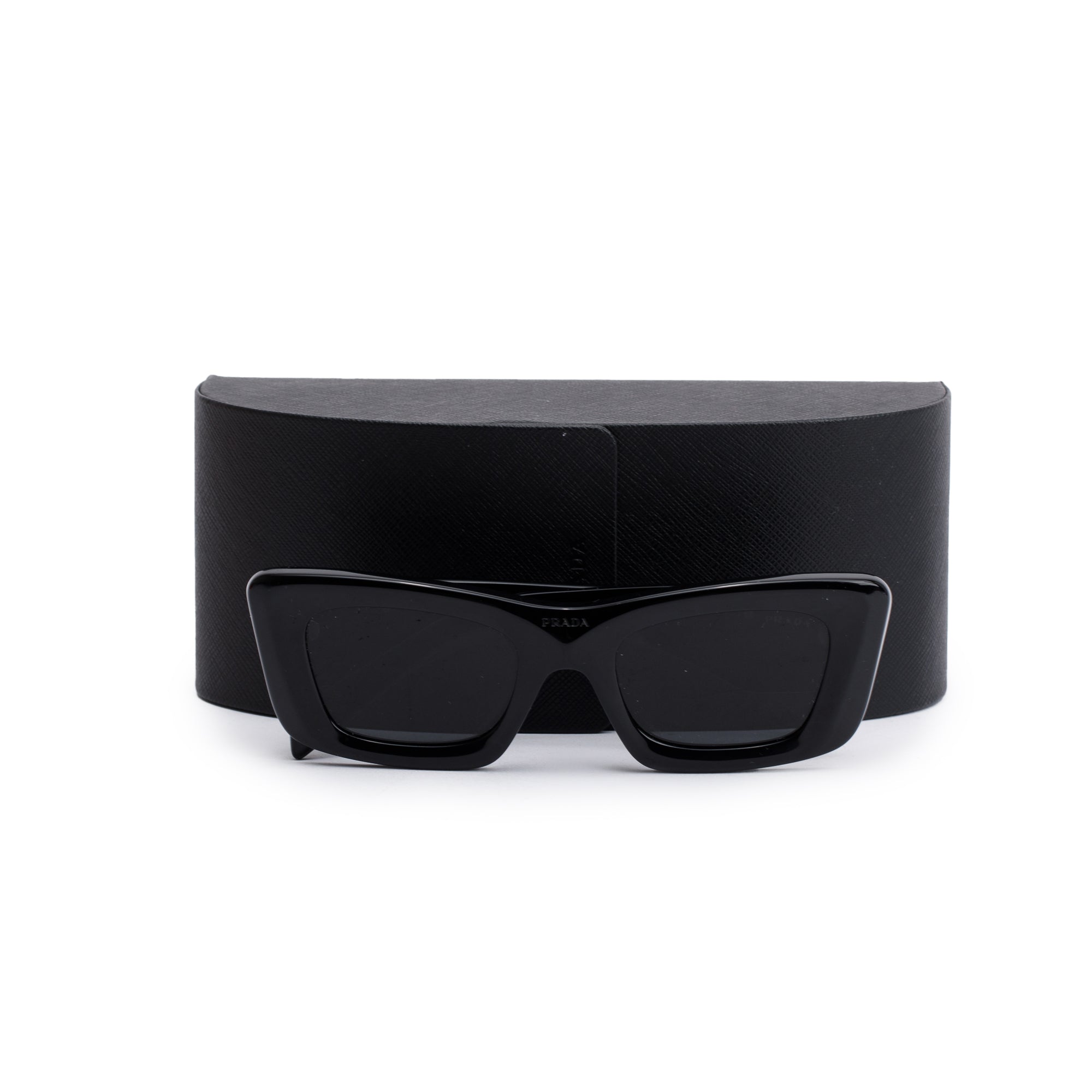 Prada SPR 13Z Black Acetate Symbole Rectangular Cat-Eye Sunglasses w/ Case