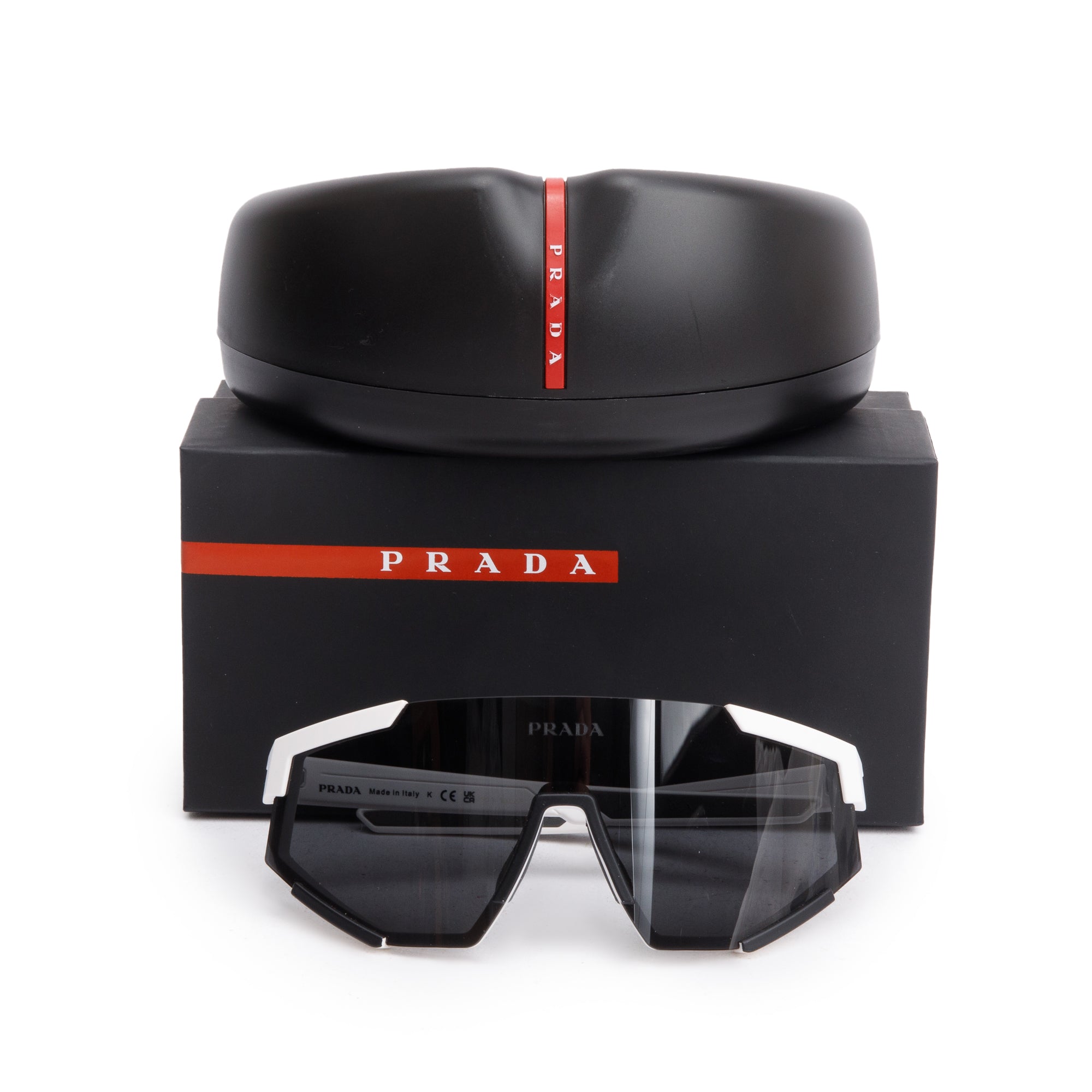 Prada SPS04W Black & White Linea Rossa Impavid Shield Sunglasses w/ Box & Case