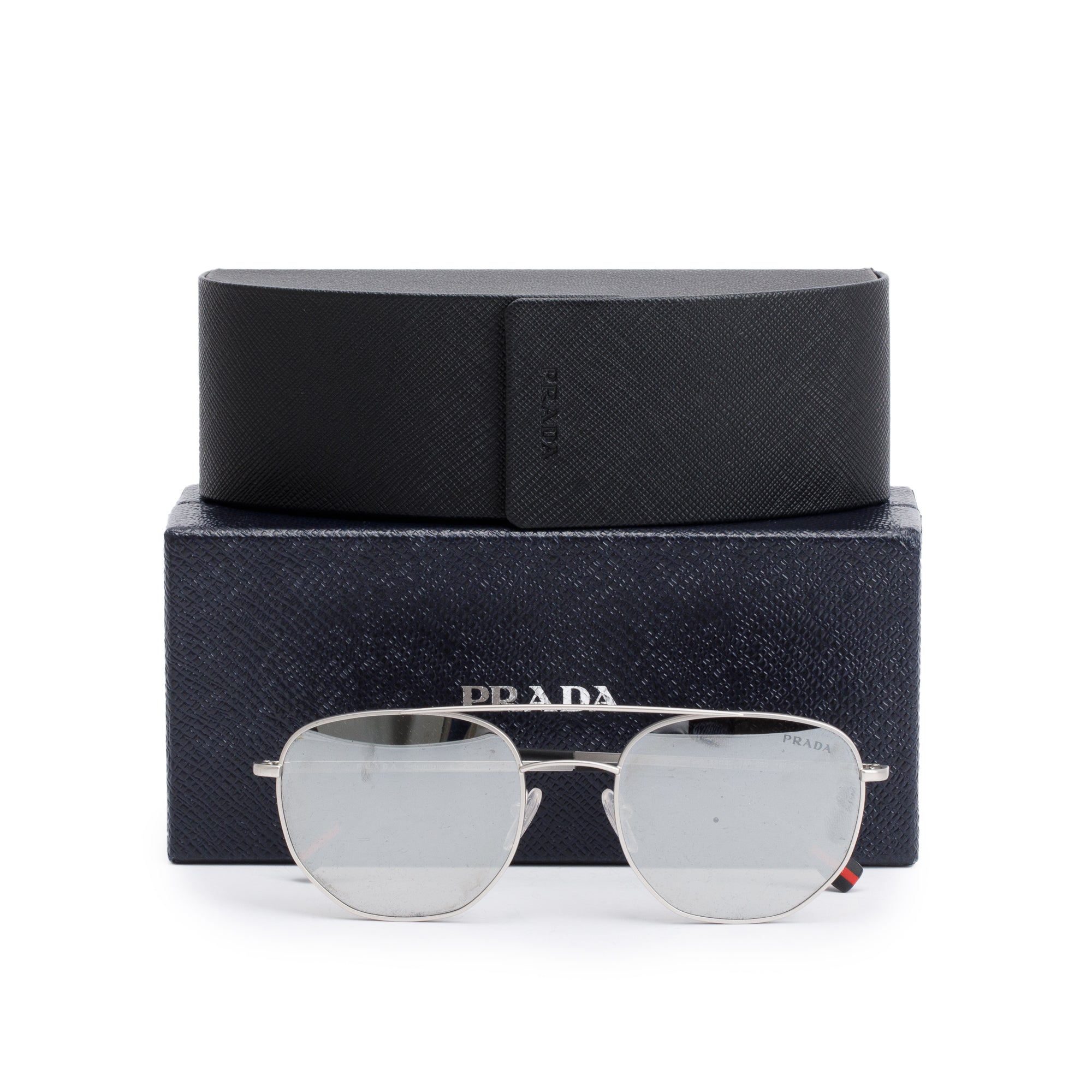 Prada SPS56S Silver-Tone Metal Linea Rosa Pilot Sunglasses w/ Box & Case