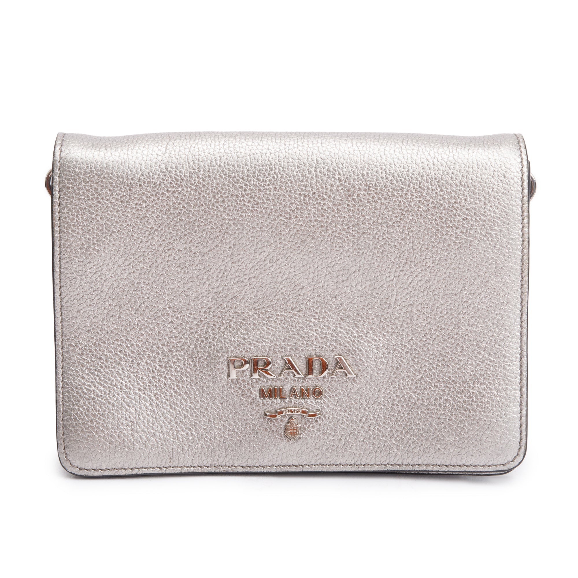 Prada Silver Metallic Vitello Daino Metal Logo Crossbody Bag