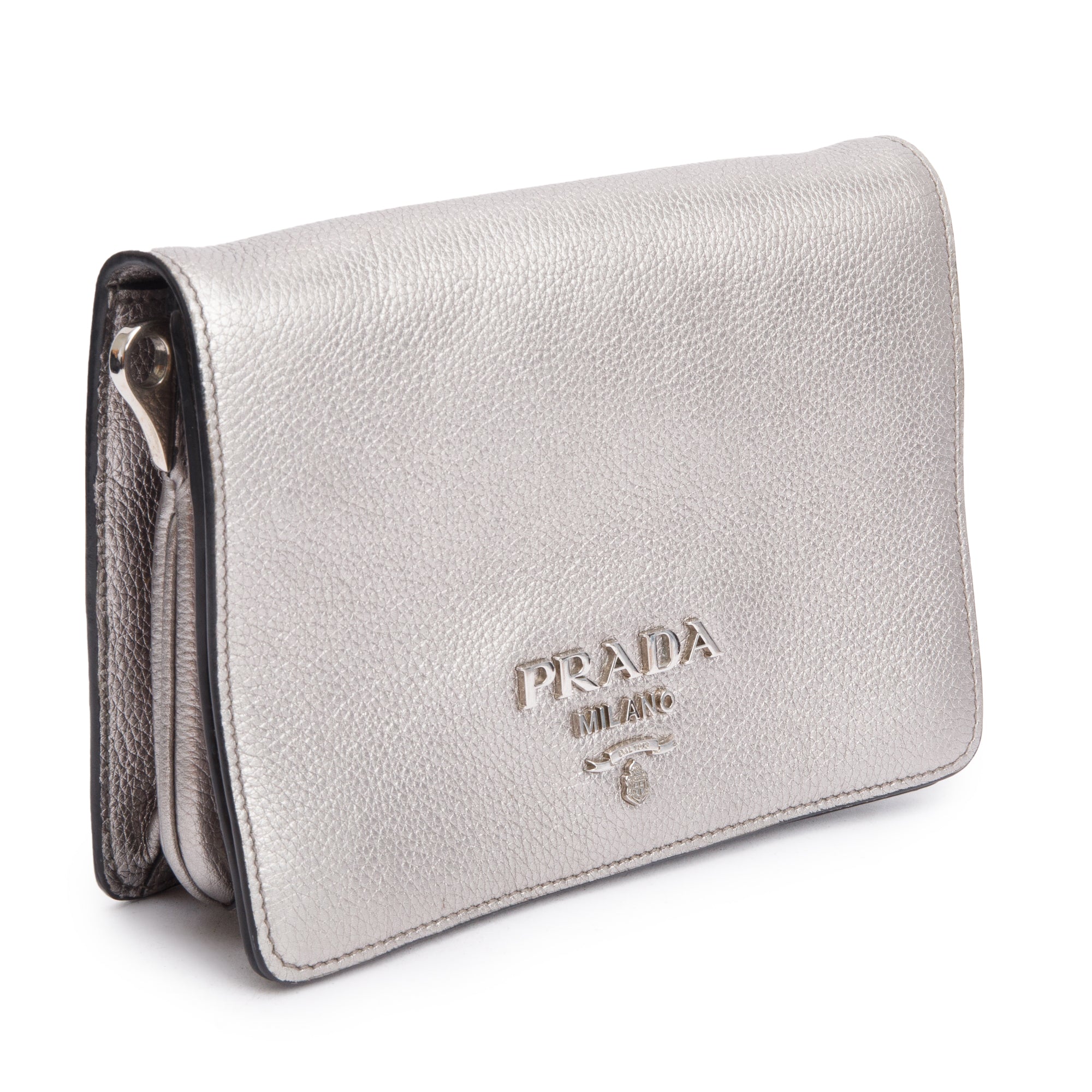 Prada Silver Metallic Vitello Daino Metal Logo Crossbody Bag