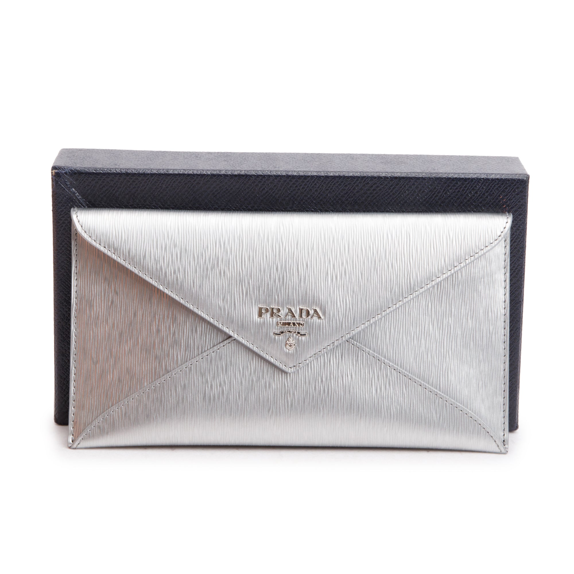 Prada Silver Metallic Vitello Move Leather Envelope Wallet w/ Box