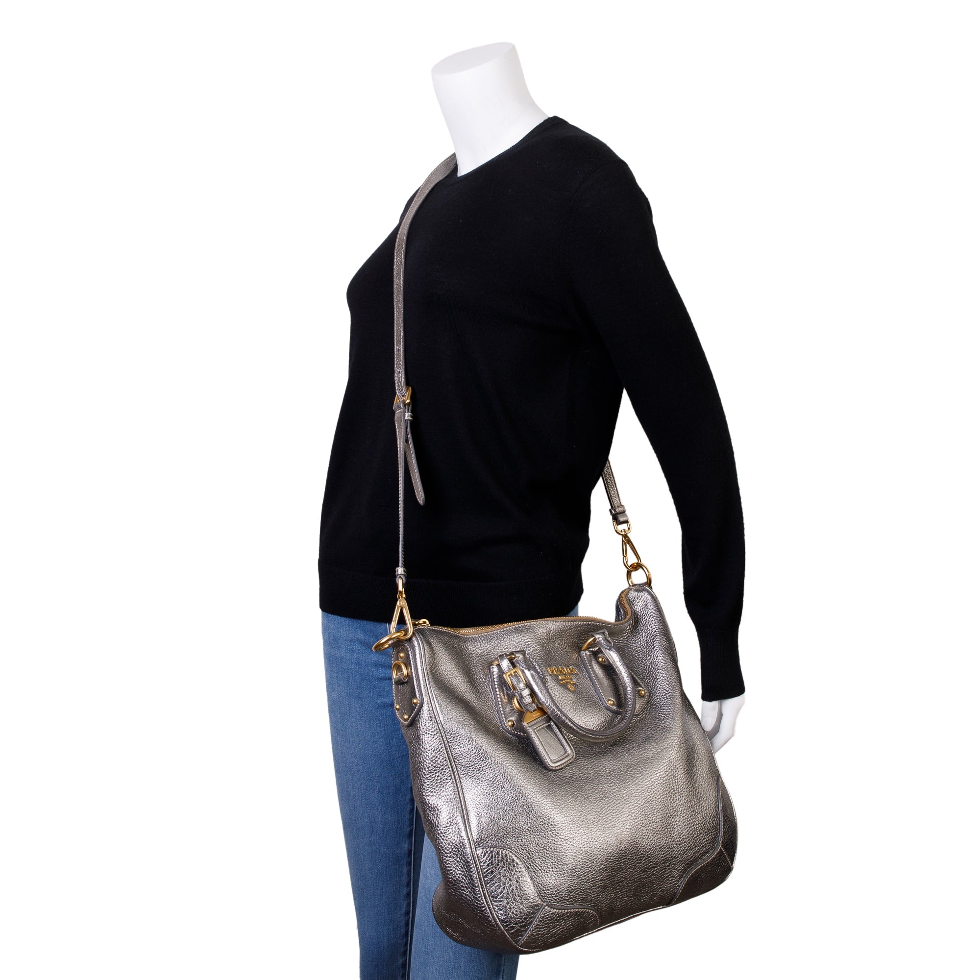 Prada Silver Vitello Daino Leather Tote w/ Strap & Authenticity Card