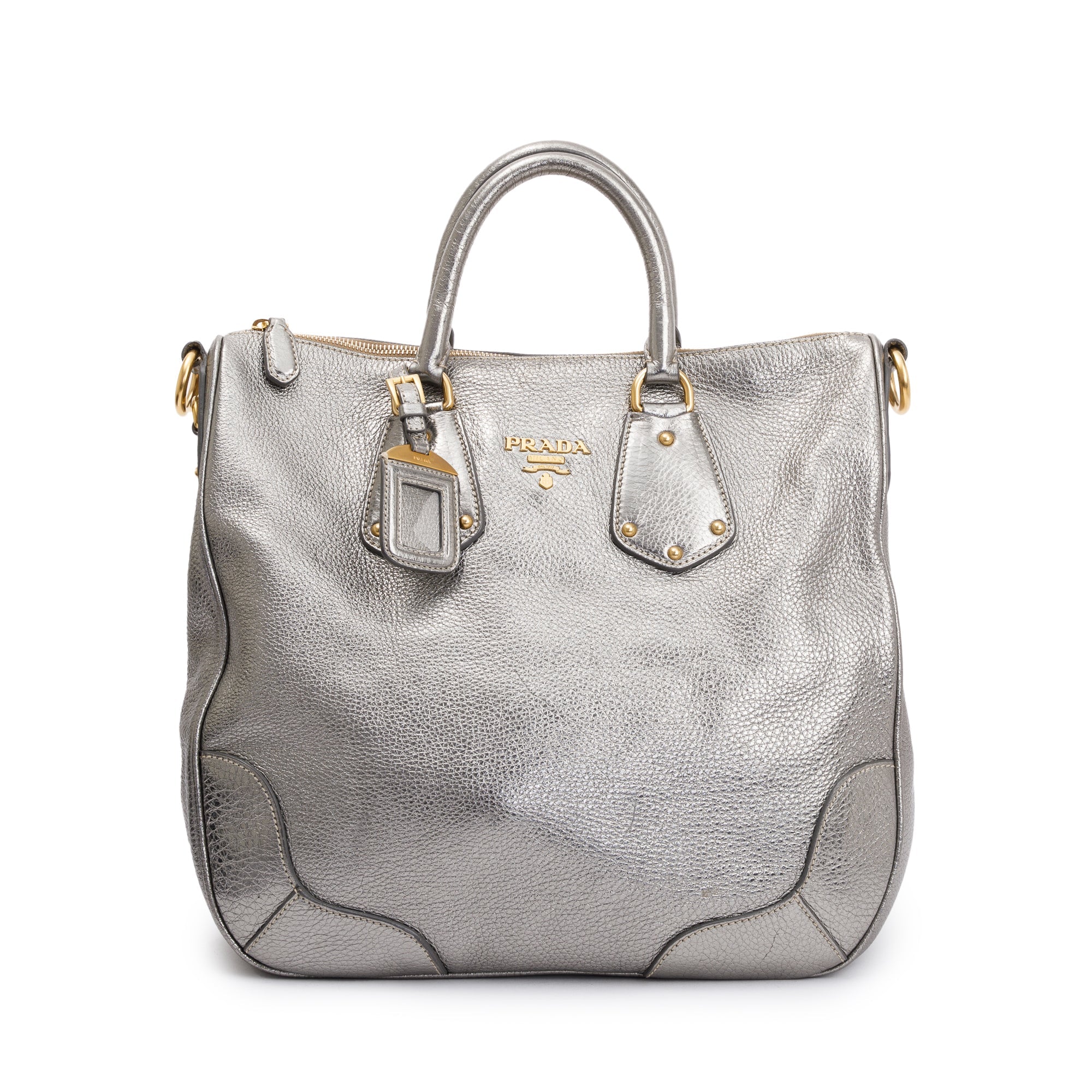 Prada Silver Vitello Daino Leather Tote w/ Strap & Authenticity Card