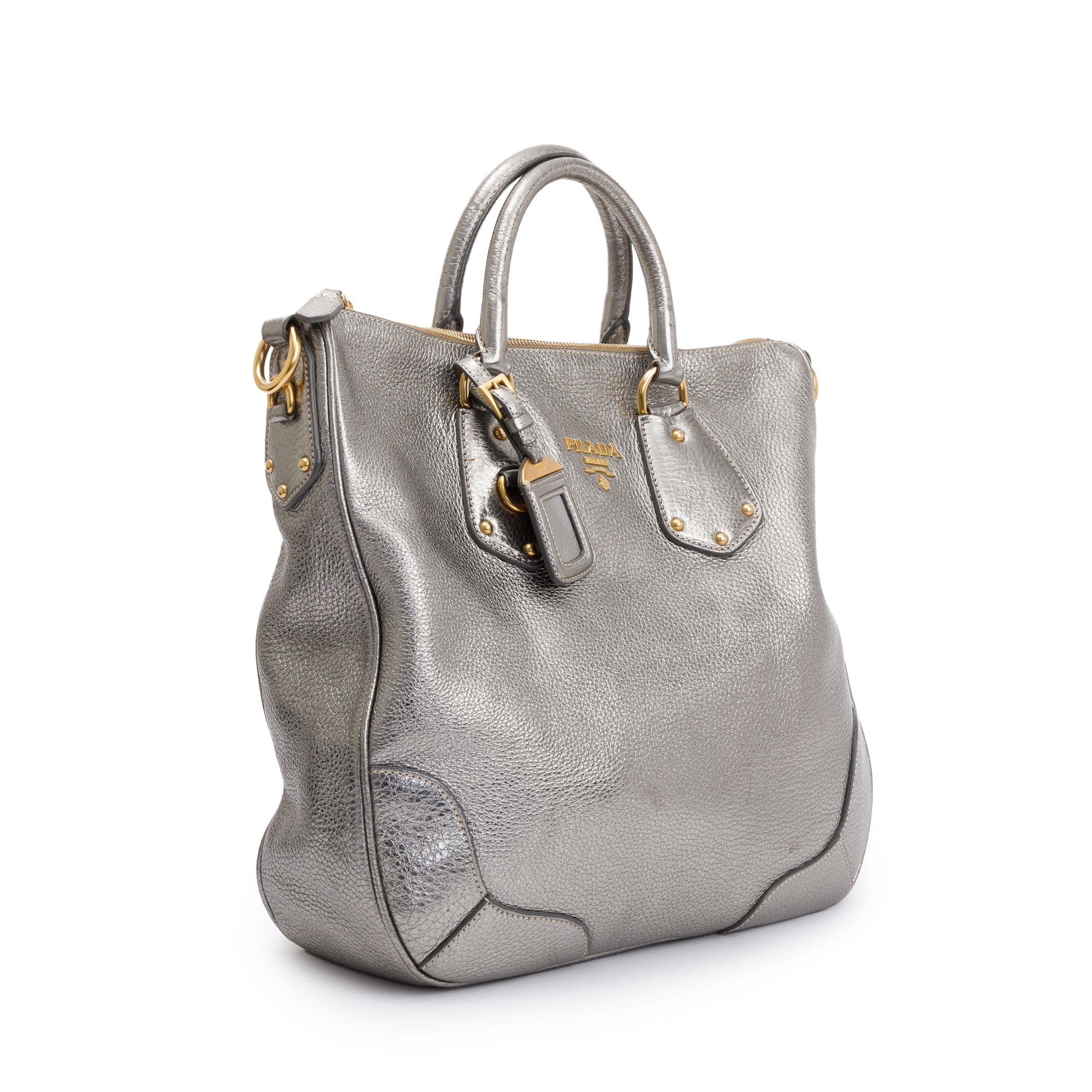 Prada Silver Vitello Daino Leather Tote w/ Strap & Authenticity Card