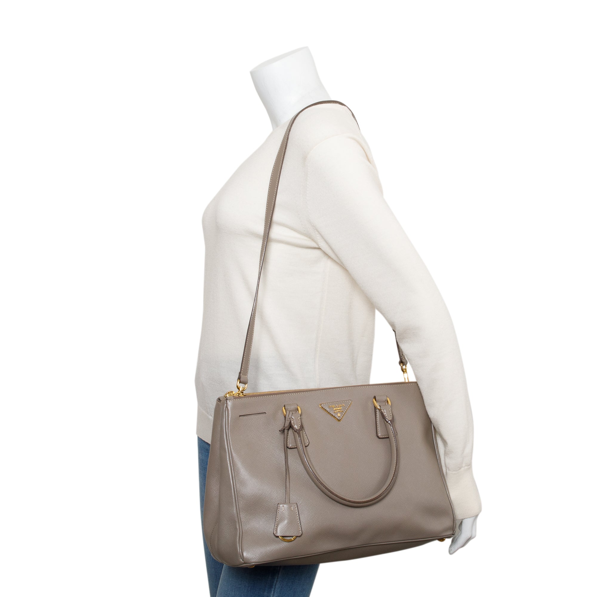 Prada Taupe Saffiano Lux Medium Double Zip Galleria Tote w/ Strap