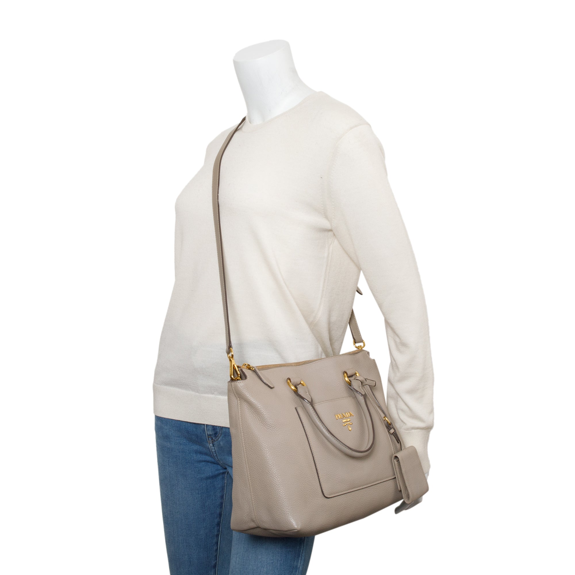 Prada Taupe Vitello Daino Leather Pocket Zip Tote w/ Strap