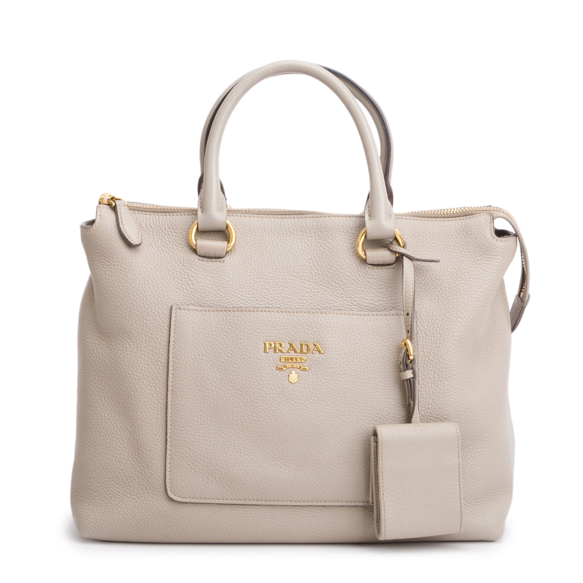 Prada Taupe Vitello Daino Leather Pocket Zip Tote w/ Strap