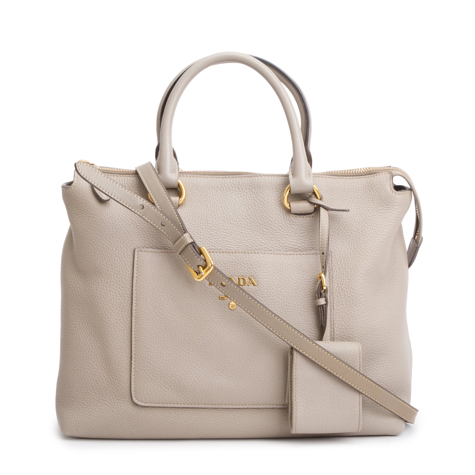 Prada Taupe Vitello Daino Leather Pocket Zip Tote w/ Strap