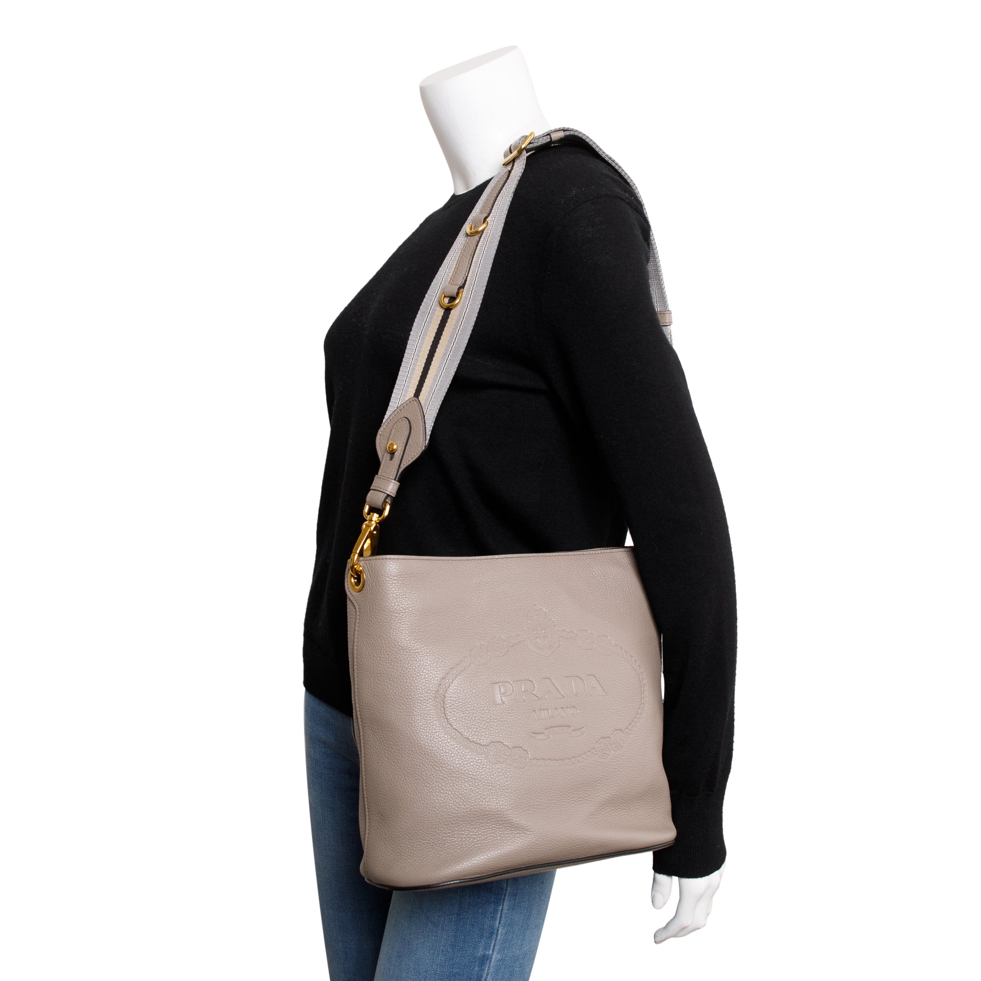 Prada Taupe Vitello Phenix Logo Bucket Crossbody Bag