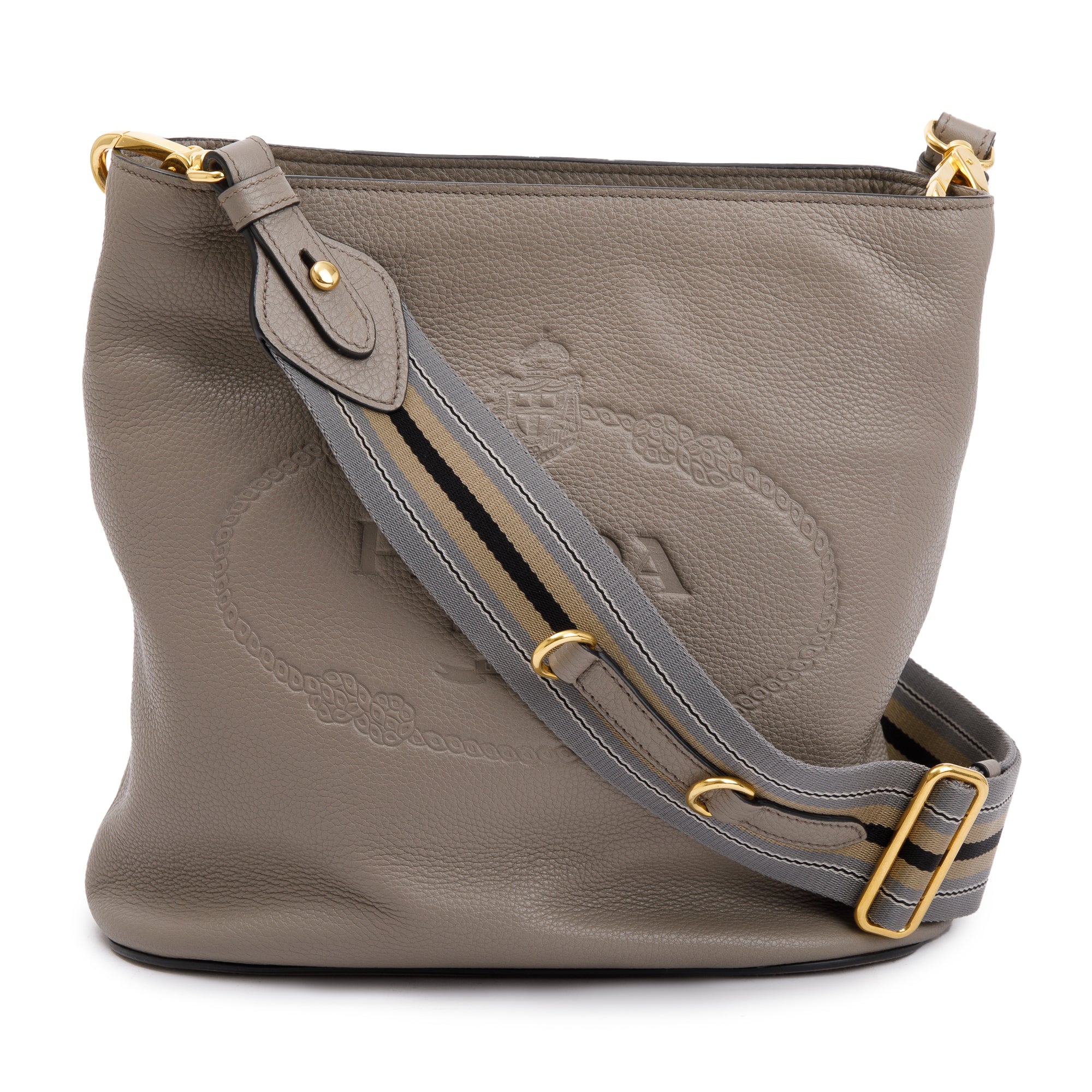 Prada Taupe Vitello Phenix Logo Bucket Crossbody Bag