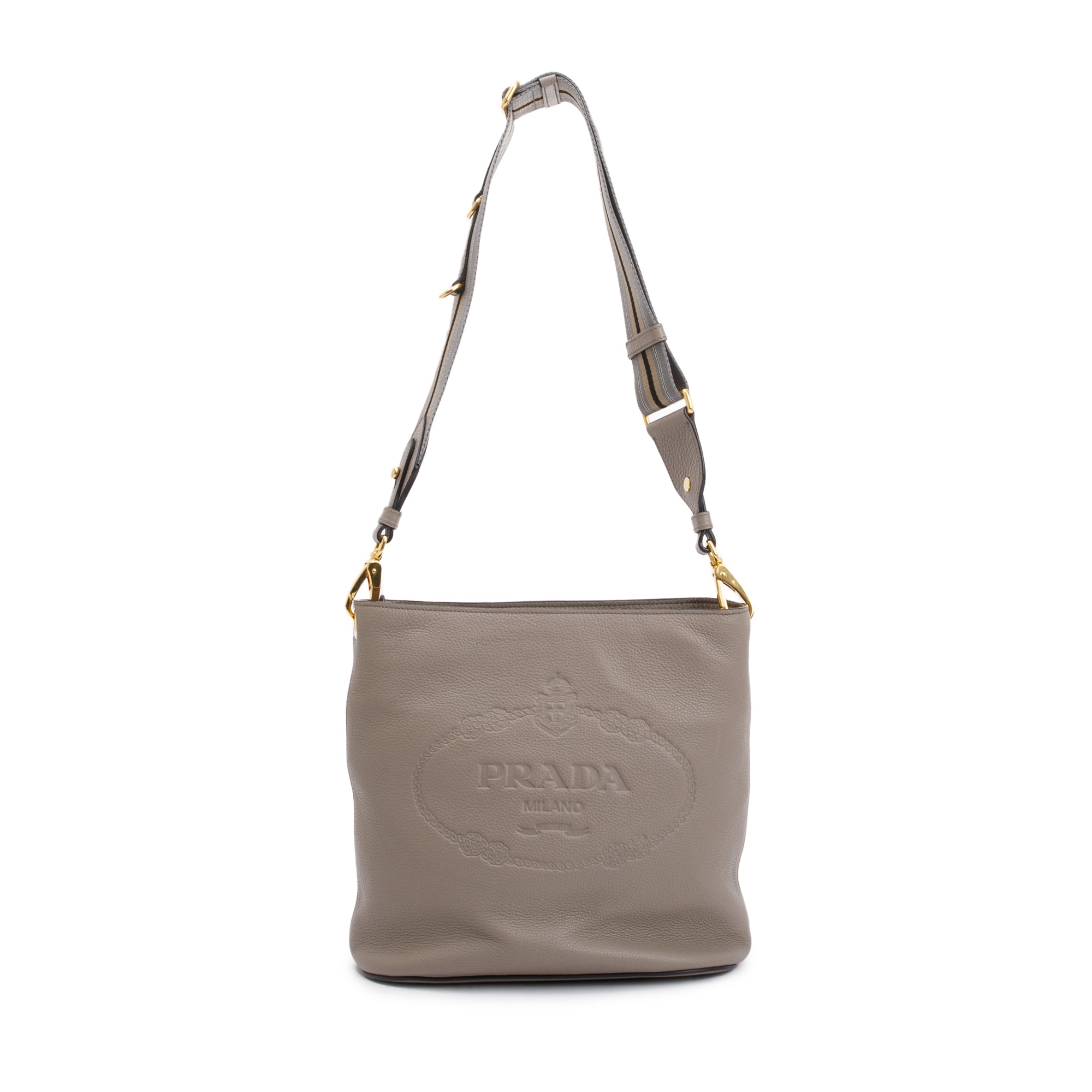 Prada Taupe Vitello Phenix Logo Bucket Crossbody Bag