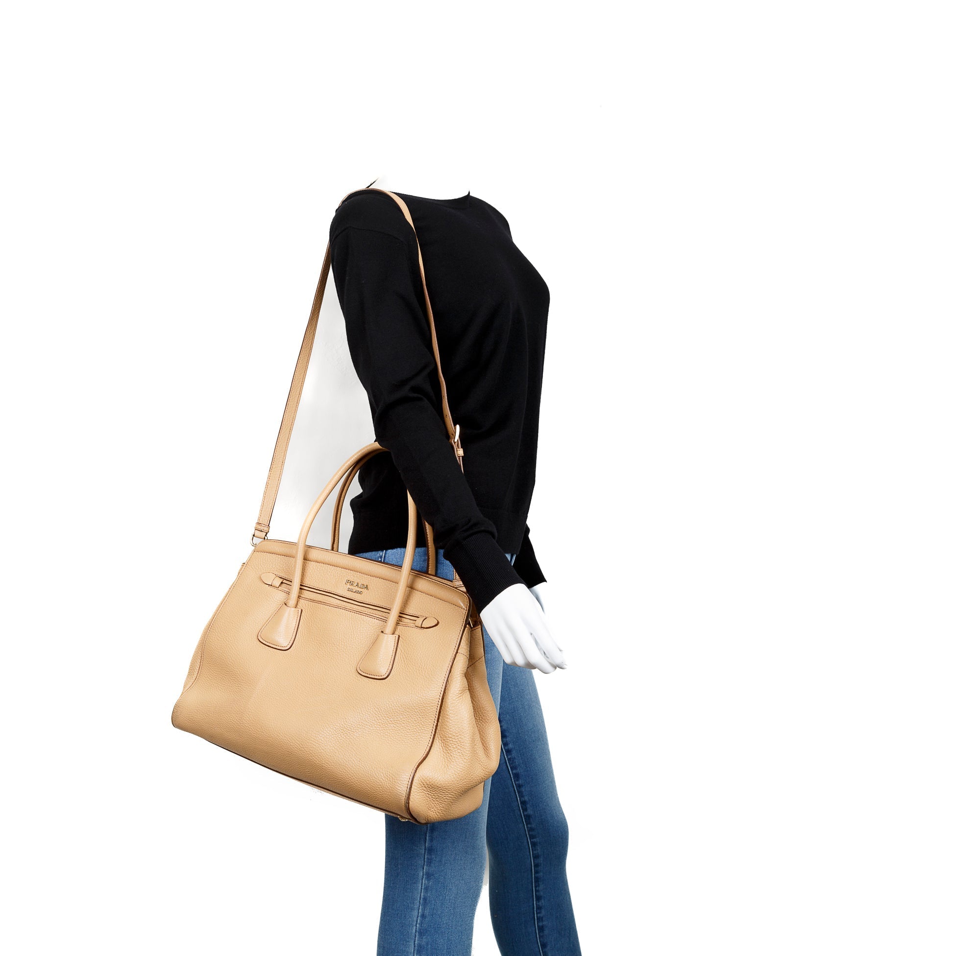 Prada Vitello Daino Cuir Frame Convertible Tote w/ Strap