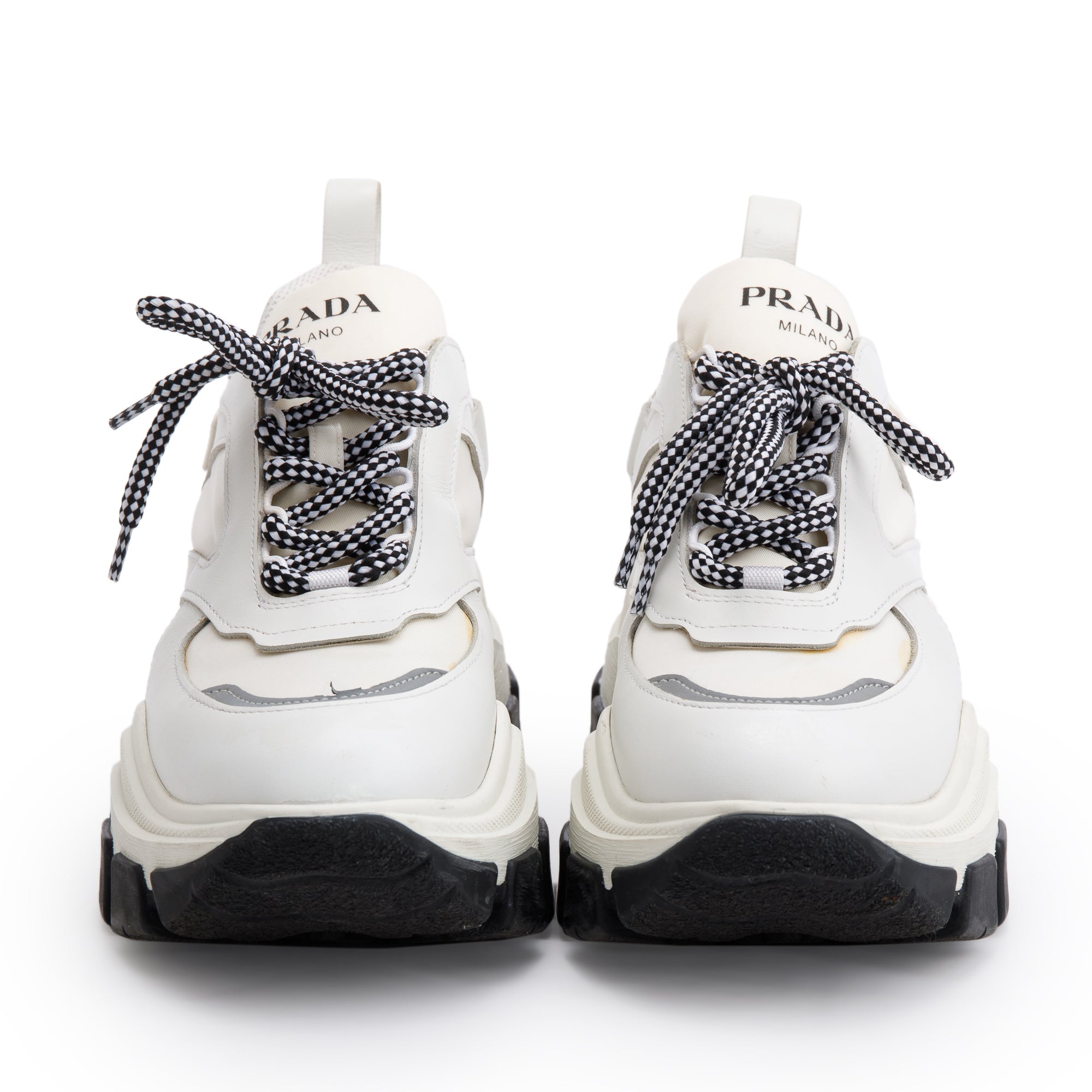 Prada White Calfskin Nylon Pegasus Sneakers, Size 36.5 w/ Box