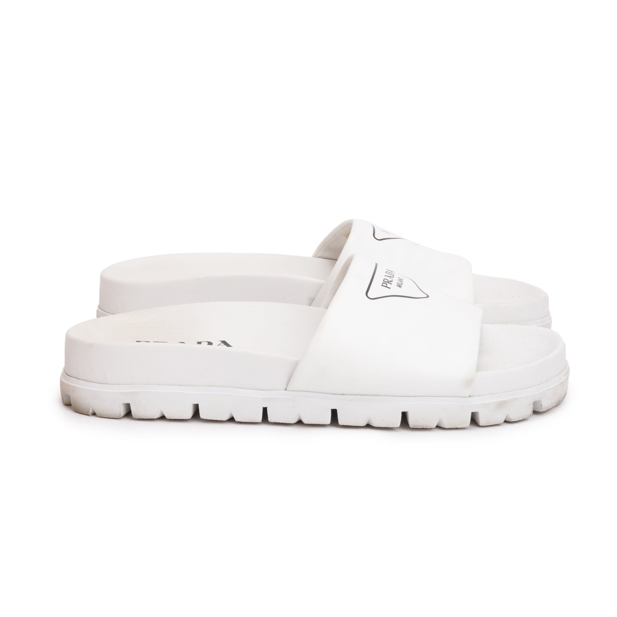 Prada White Graphic Print Leather Slide Sandals, Size 38.5