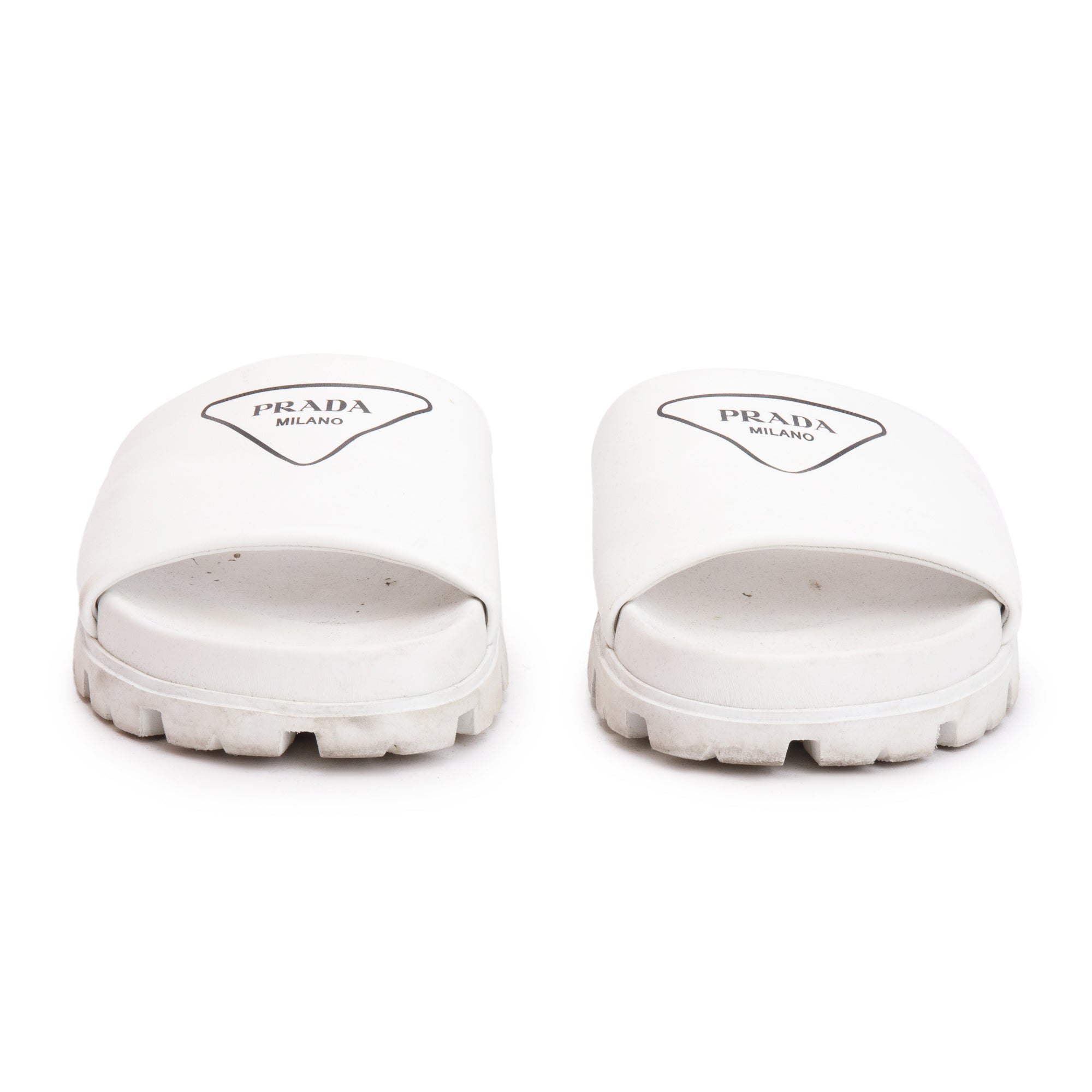 Prada White Graphic Print Leather Slide Sandals, Size 38.5