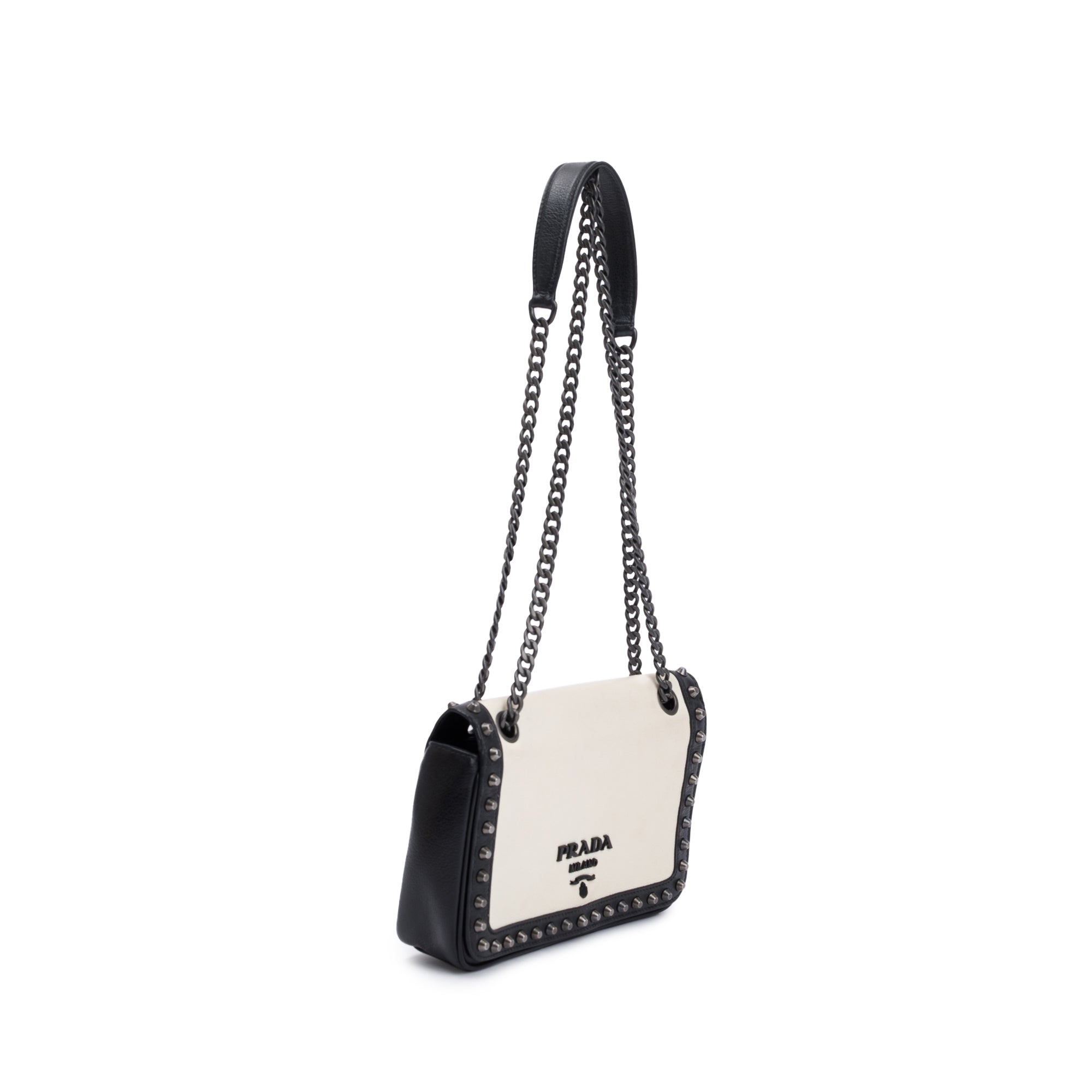 Prada White Leather Glace Studded Crossbody Bag w/ Authenticity Card