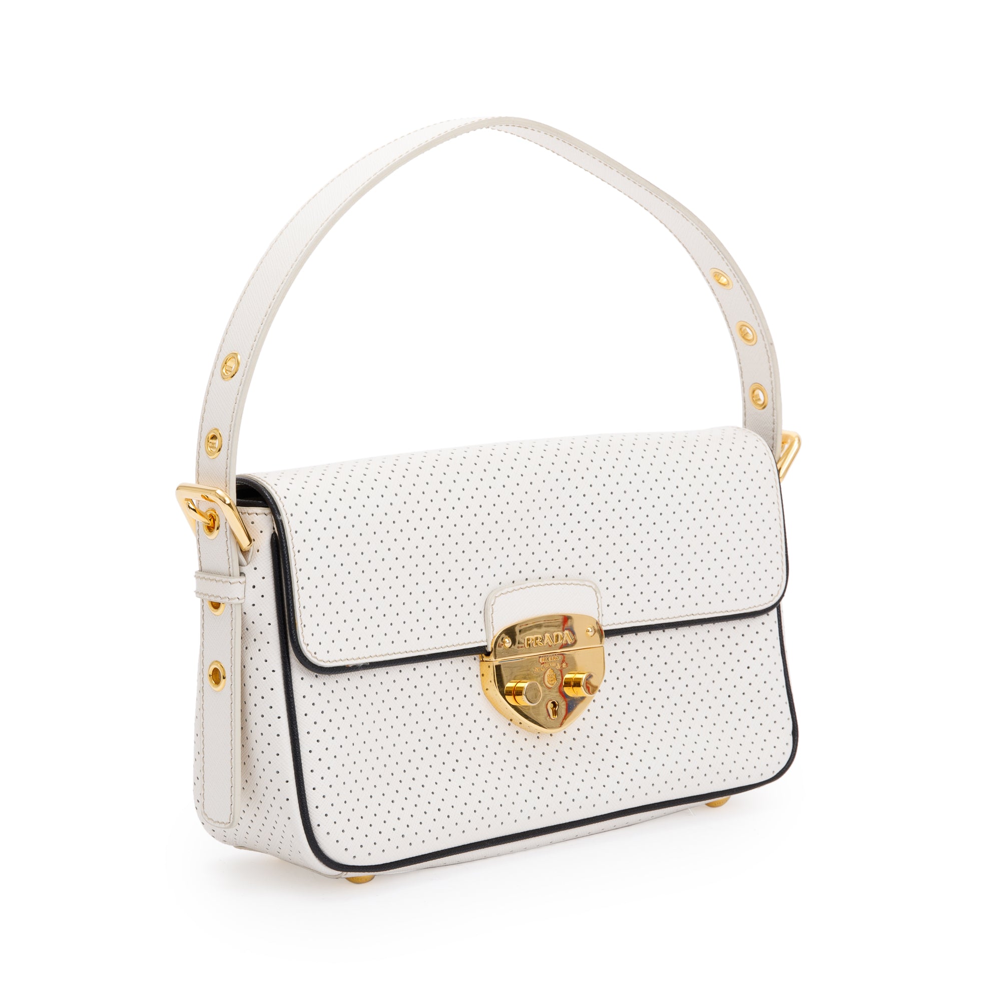 Prada White Perforated Saffiano Leather Fori Baguette Bag
