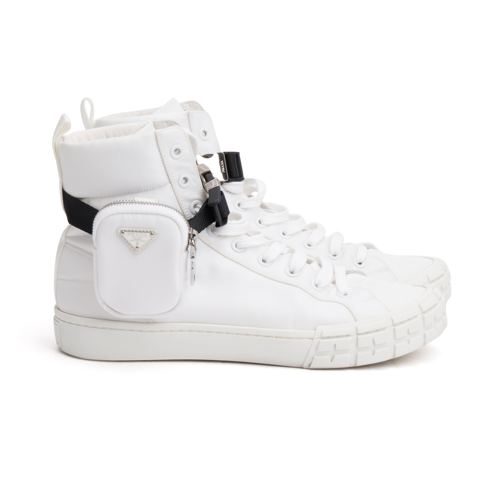 Prada White Re-Nylon Wheel High-Top Sneakers w/ Pouch, Size 11