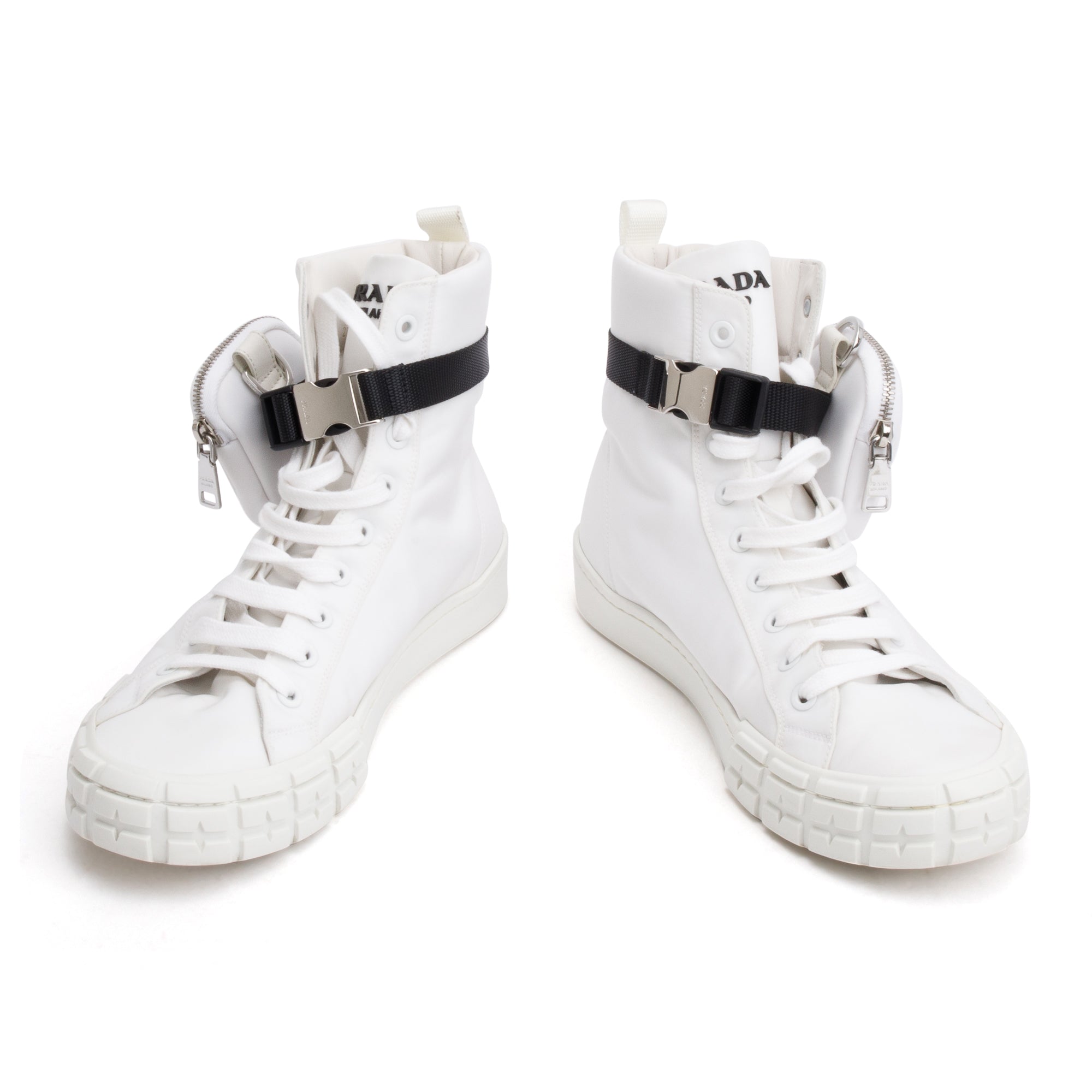 Prada White Re-Nylon Wheel High-Top Sneakers w/ Pouch, Size 11