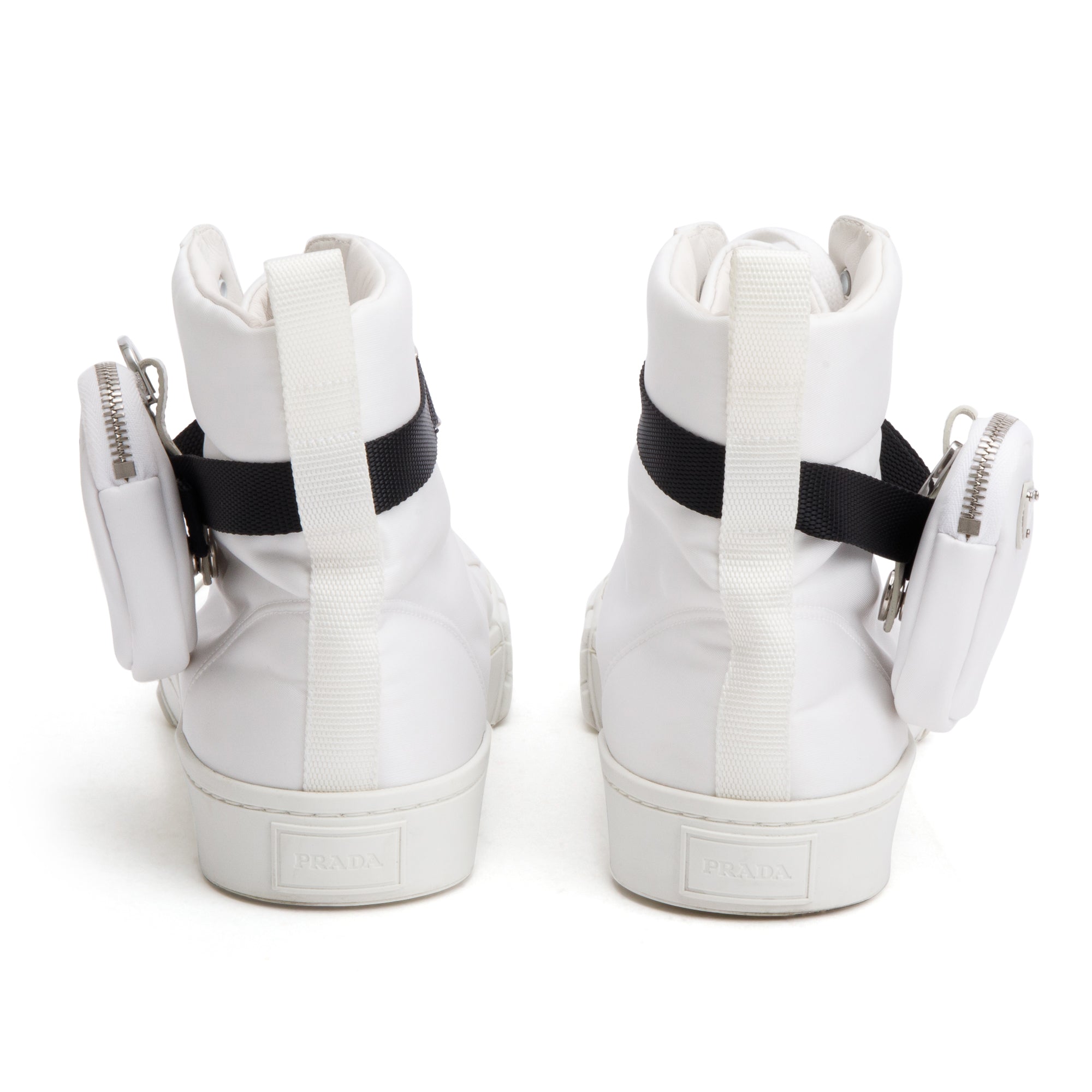Prada White Re-Nylon Wheel High-Top Sneakers w/ Pouch, Size 11
