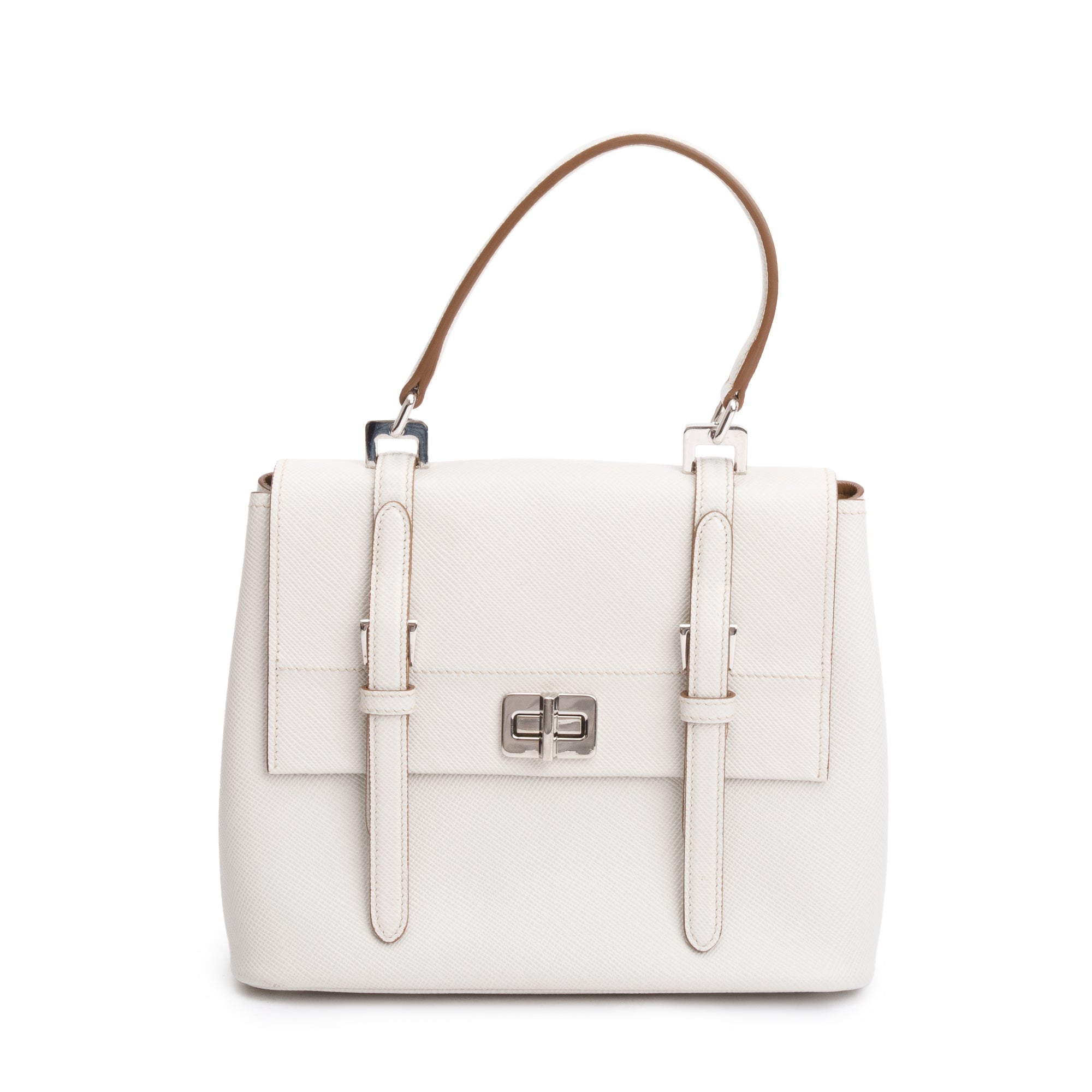 Prada White Saffiano Cuir Top Handle Bag w/ Strap & Authenticity Card