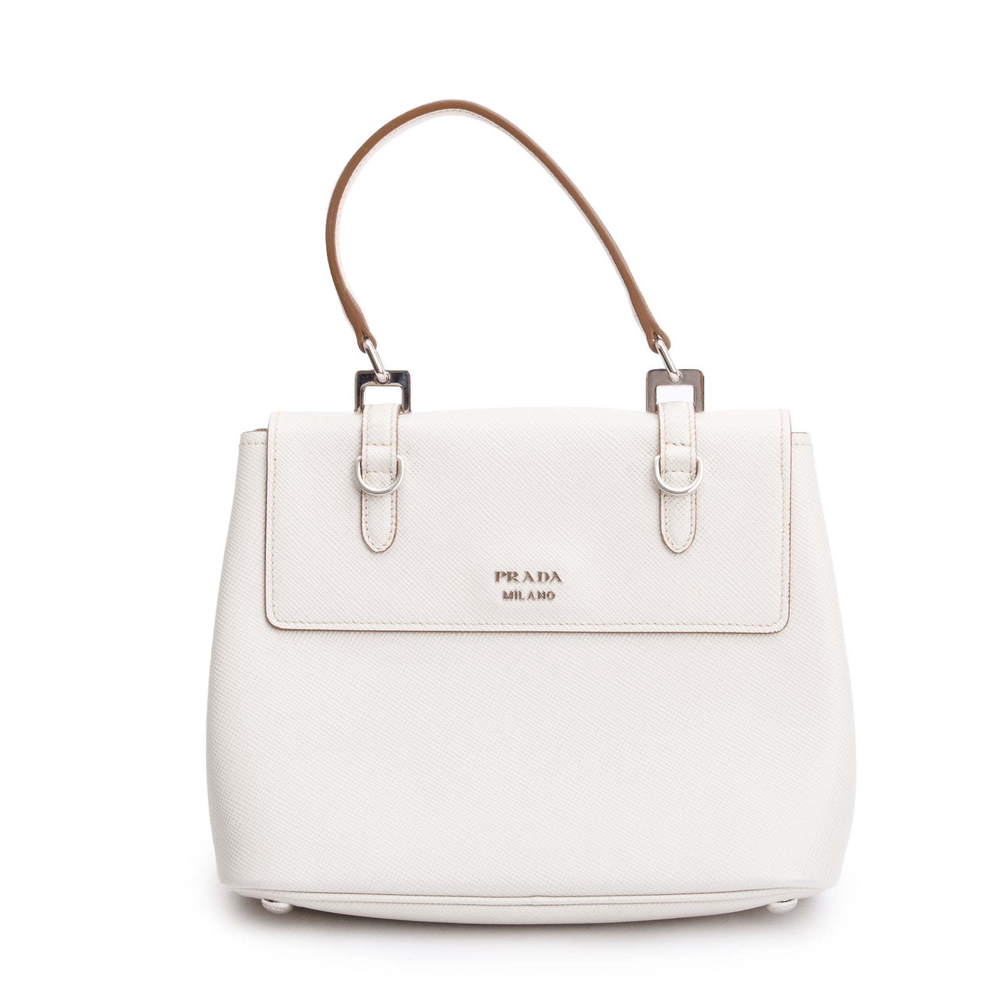 Prada White Saffiano Cuir Top Handle Bag w/ Strap & Authenticity Card