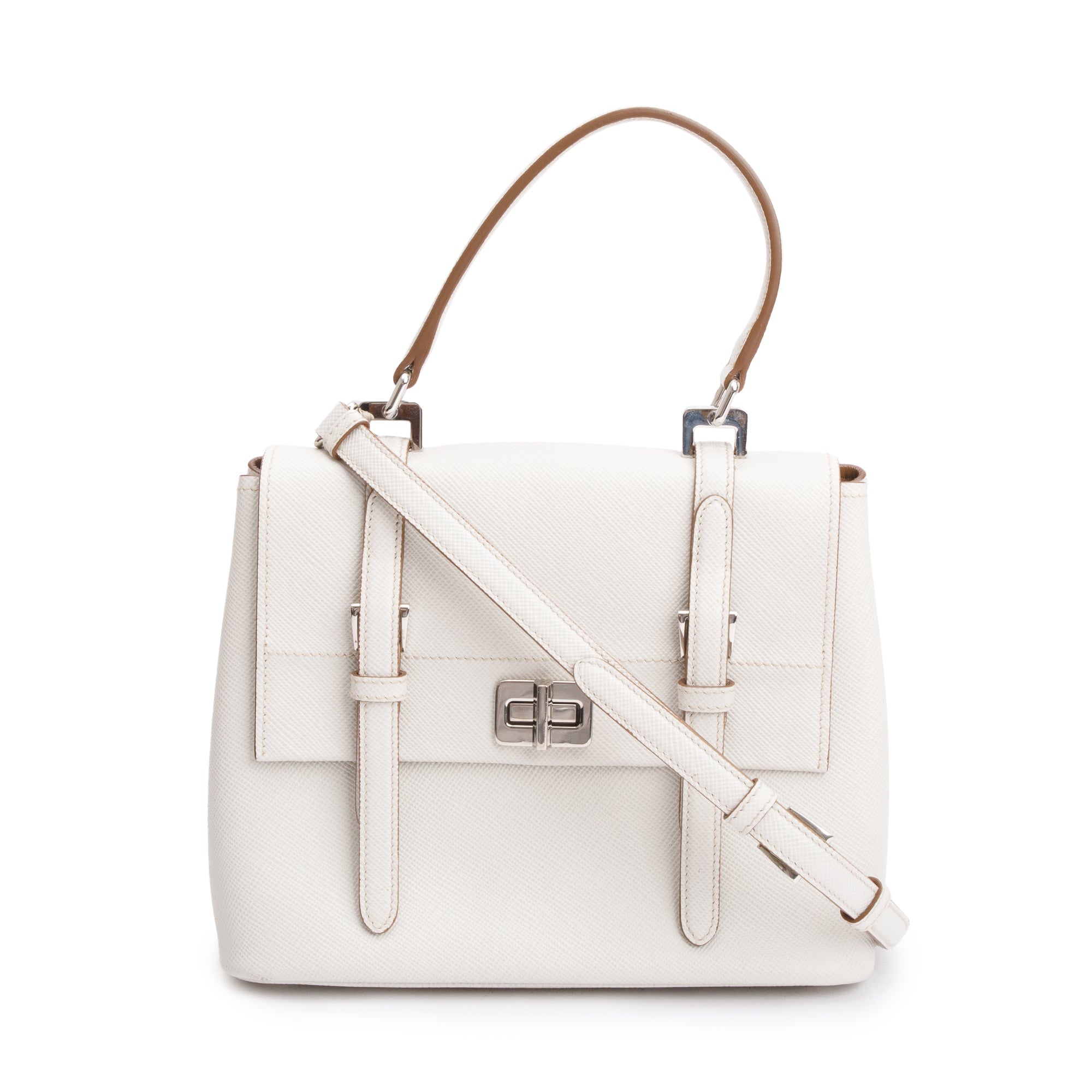 Prada White Saffiano Cuir Top Handle Bag w/ Strap & Authenticity Card