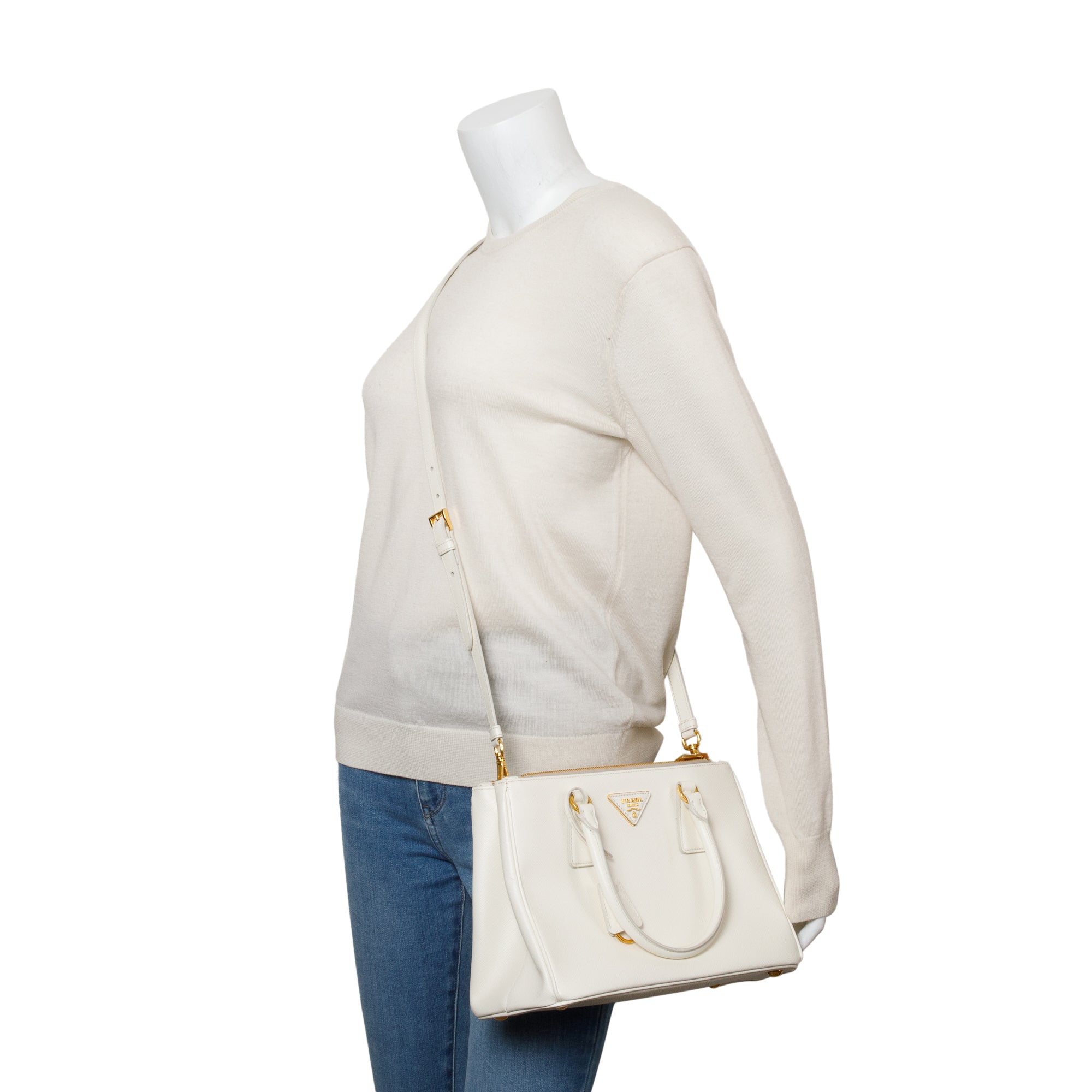 Prada White Saffiano Leather Small Double Zip Galleria Tote w/ Strap