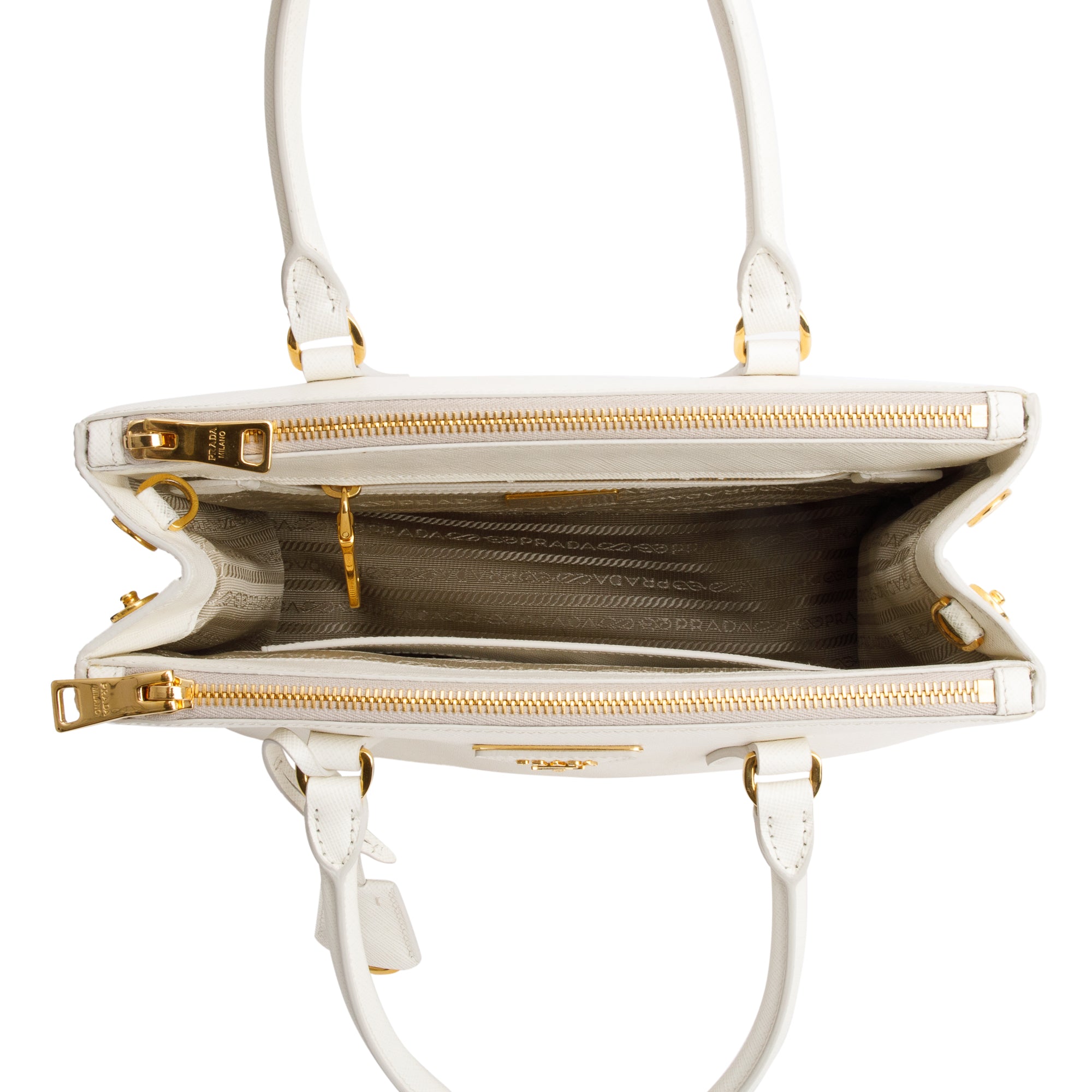 Prada White Saffiano Leather Small Double Zip Galleria Tote w/ Strap