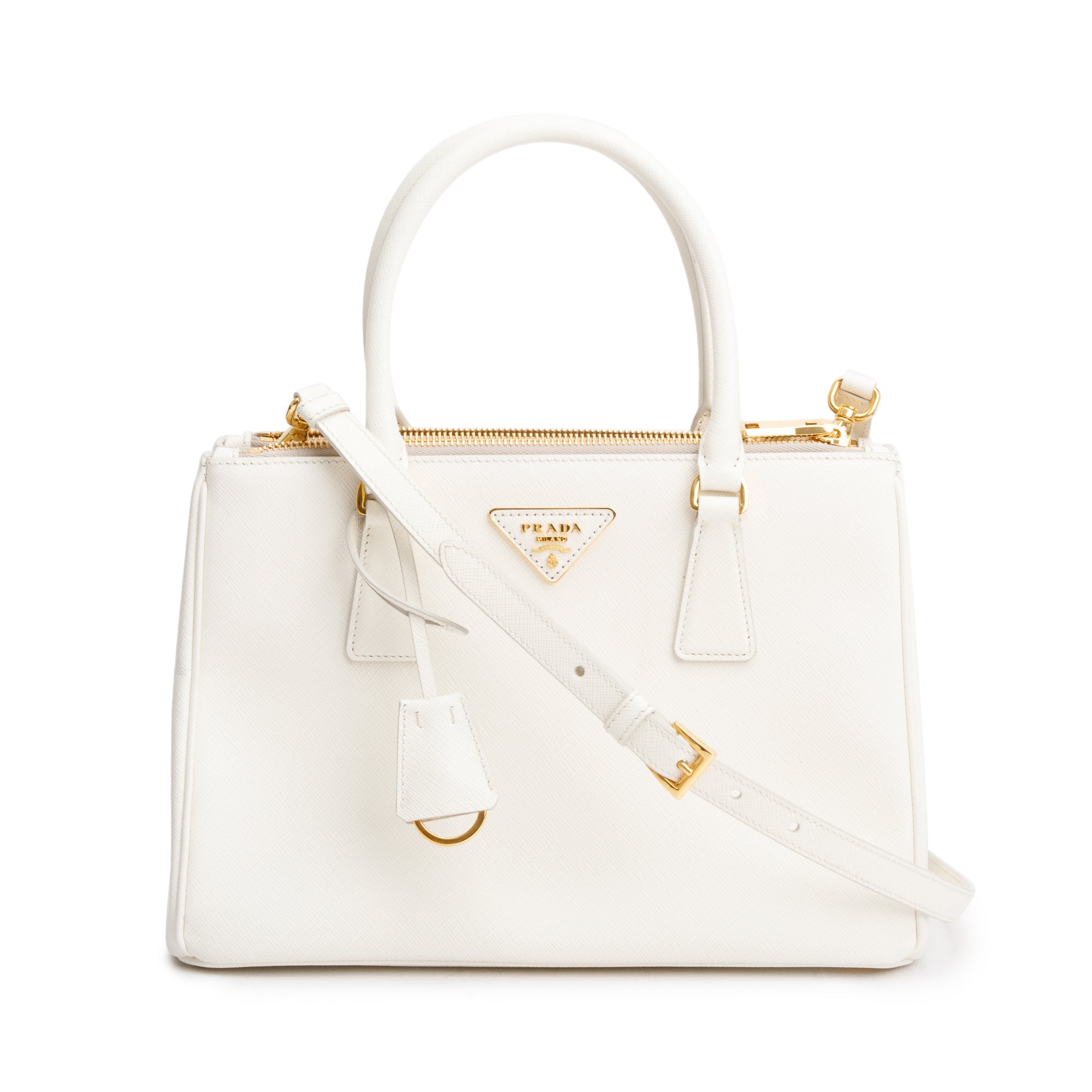 Prada White Saffiano Leather Small Double Zip Galleria Tote w/ Strap