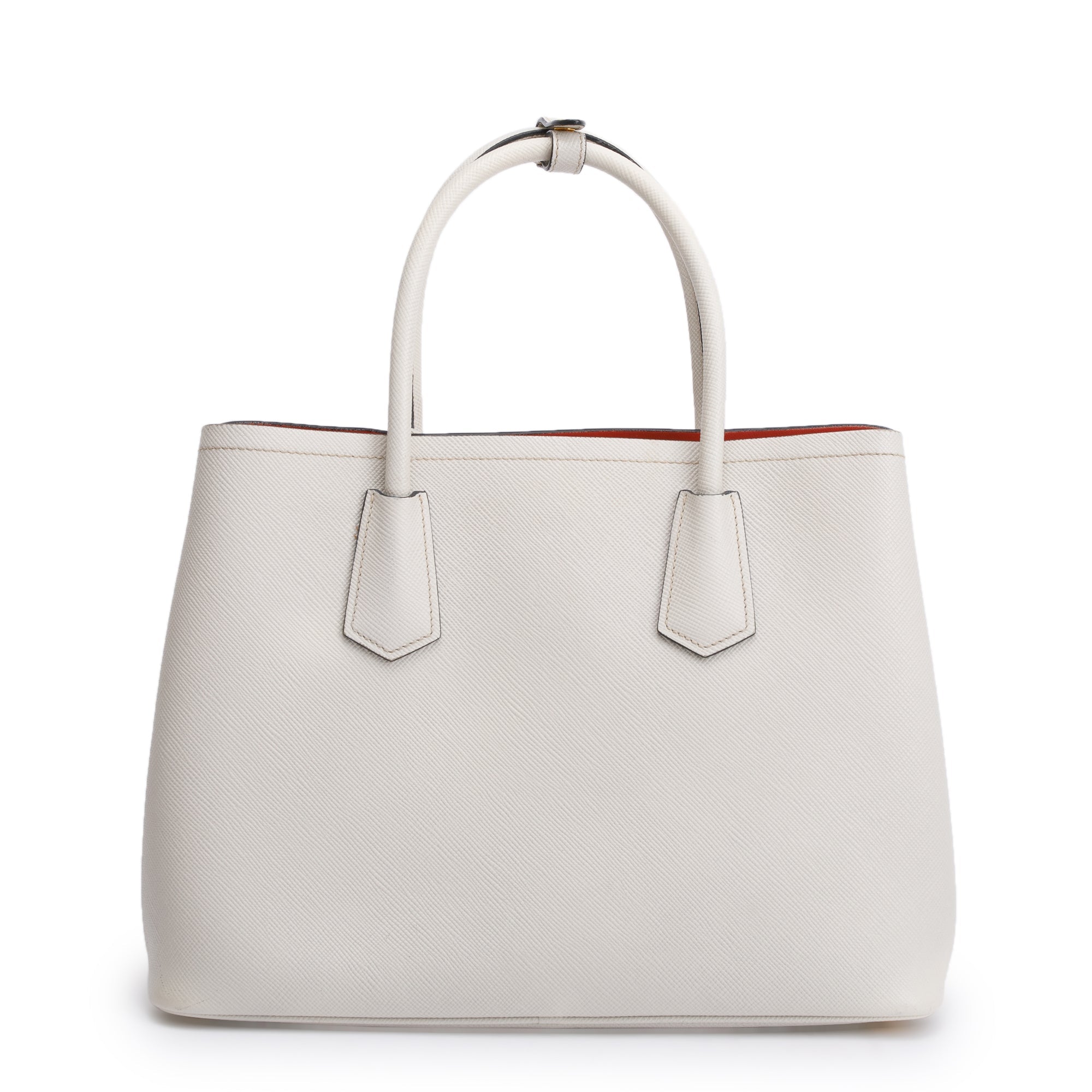 Prada White Saffiano Lux Medium Cuir Double Tote w/ Strap