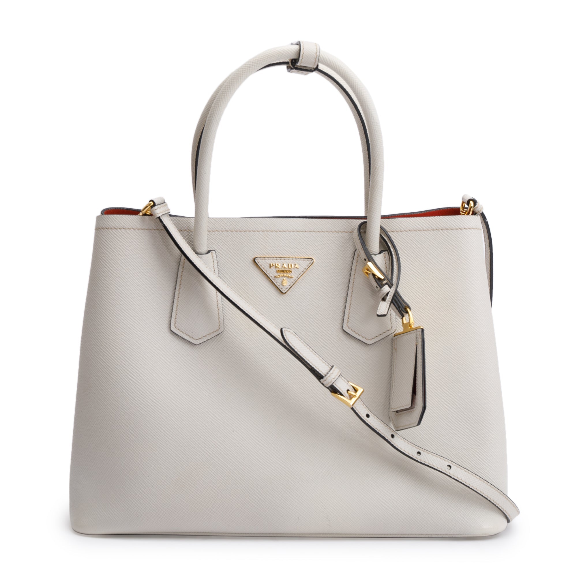 Prada White Saffiano Lux Medium Cuir Double Tote w/ Strap