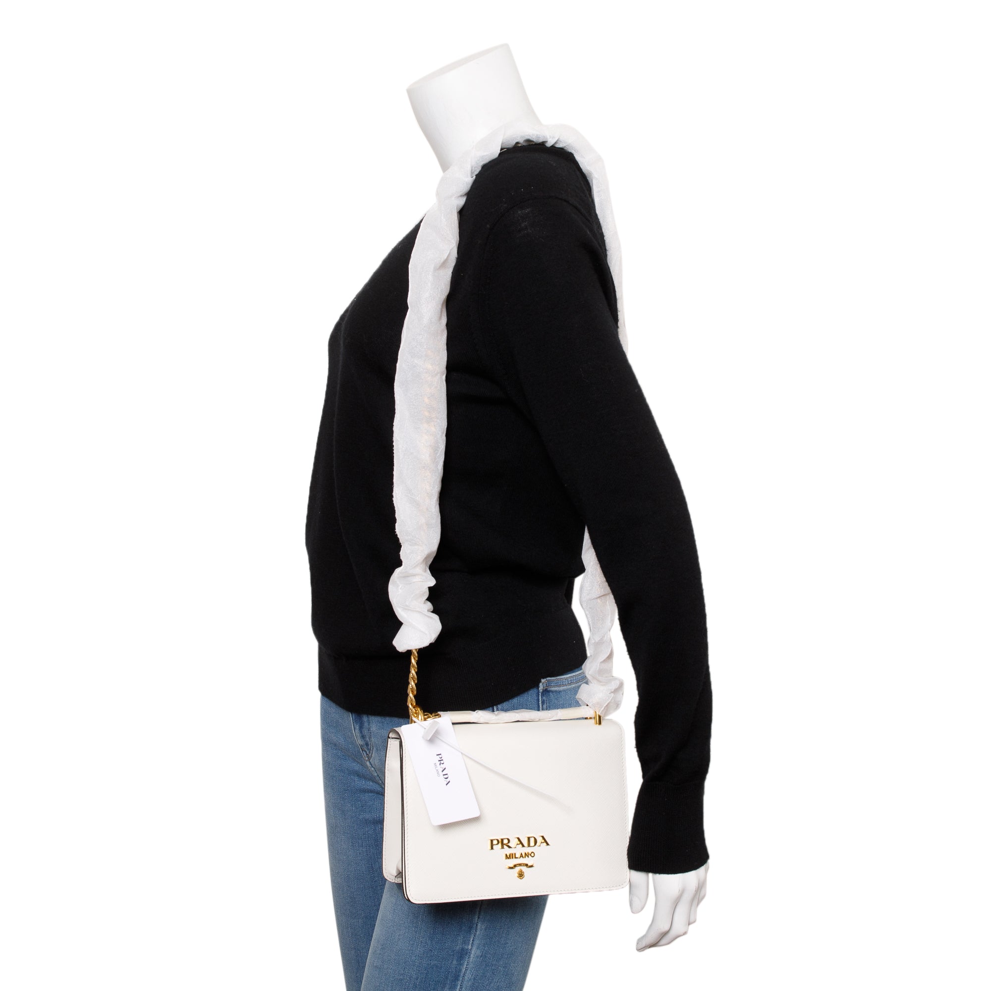 Prada White Saffiano Soft Calf Leather Chain Crossbody Bag w/ Authenticity Card