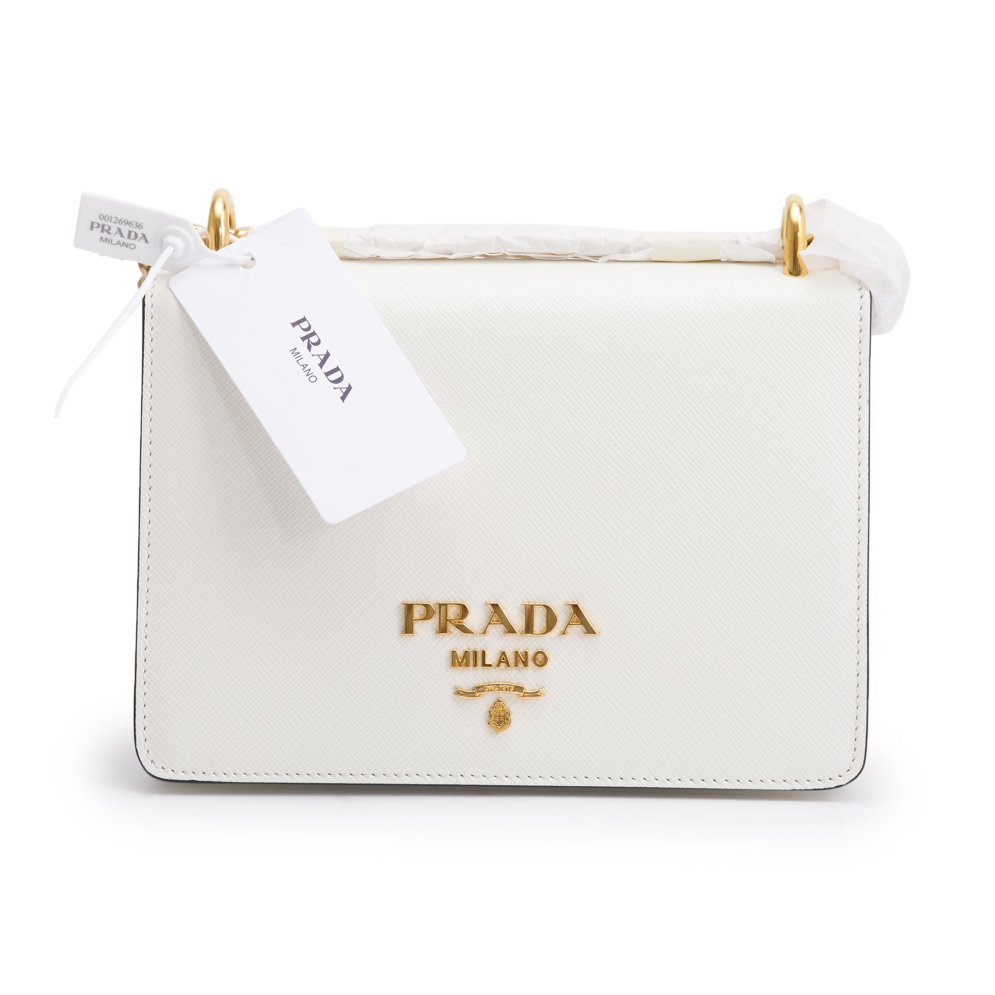 Prada White Saffiano Soft Calf Leather Chain Crossbody Bag w/ Authenticity Card