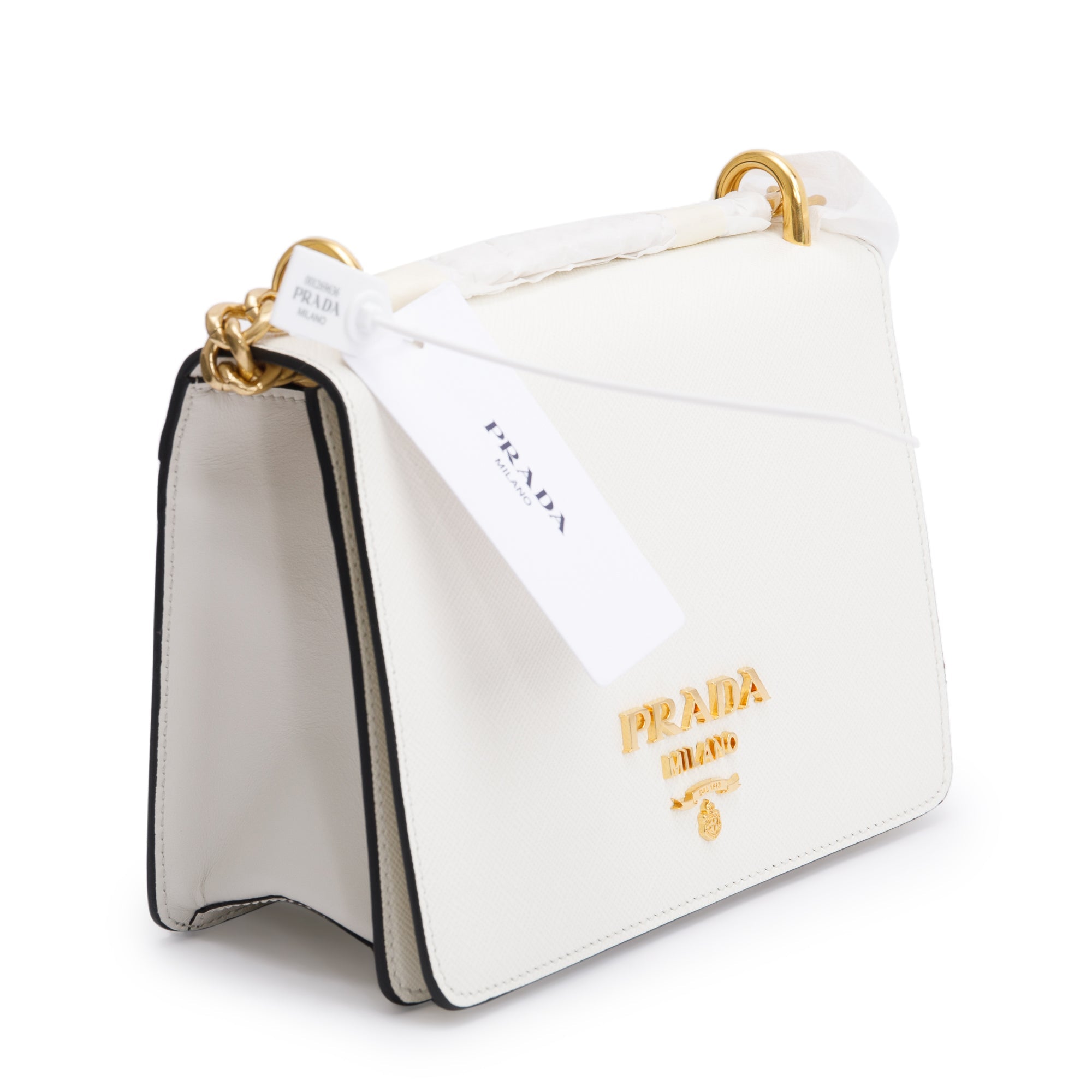 Prada White Saffiano Soft Calf Leather Chain Crossbody Bag w/ Authenticity Card