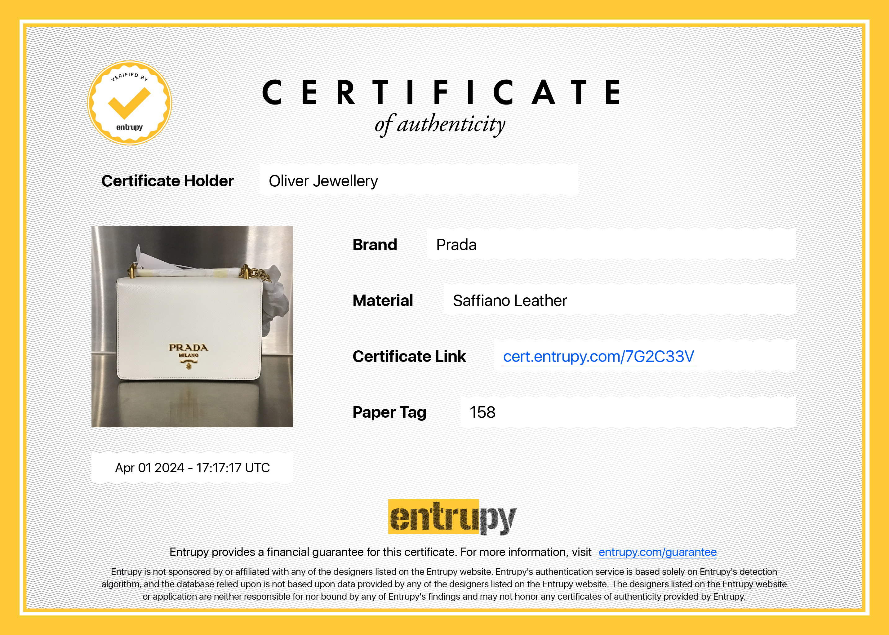 Prada White Saffiano Soft Calf Leather Chain Crossbody Bag w/ Authenticity Card